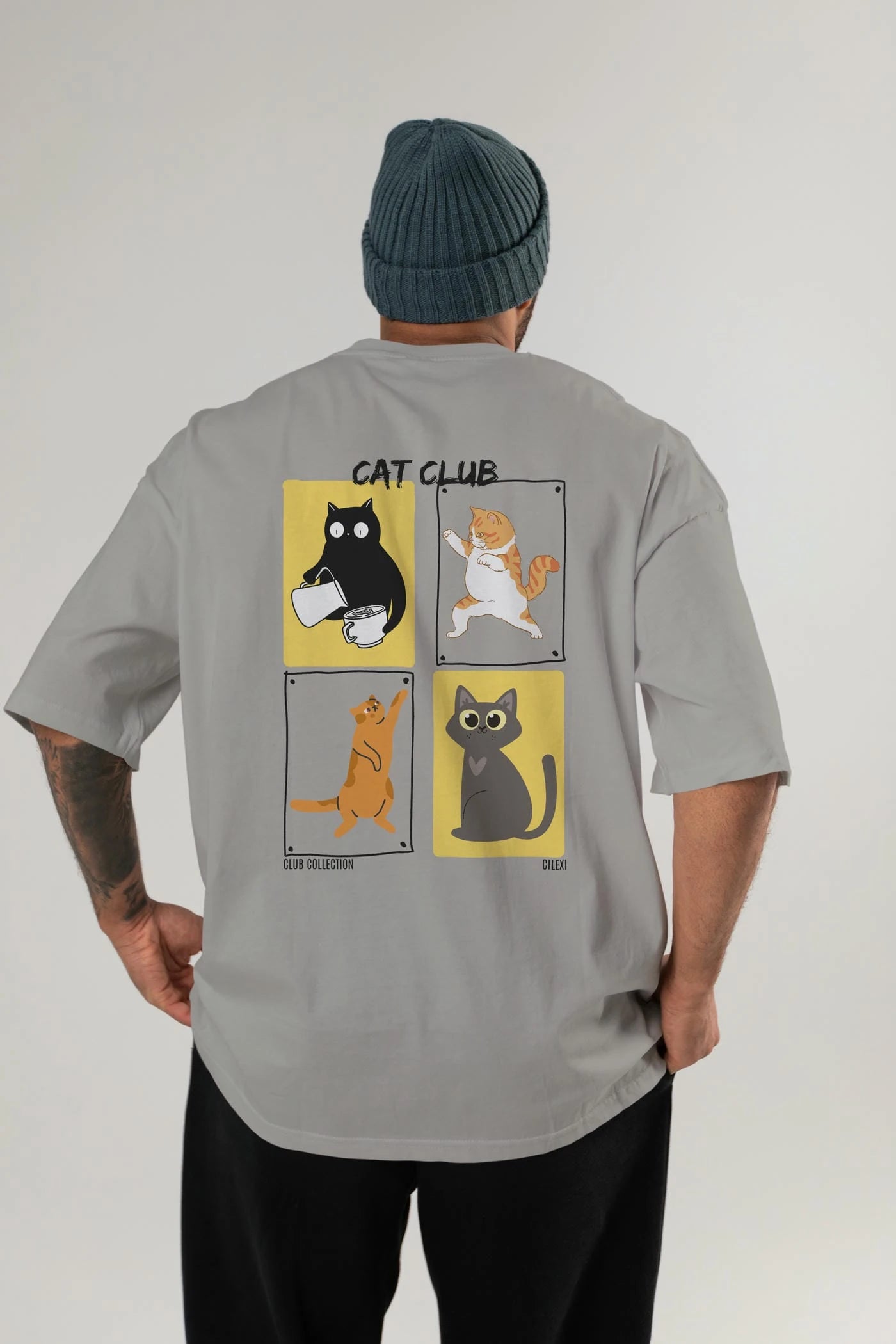 Cat Club Arka Baskılı Oversize t-shirt Erkek Kadın %100 Pamuk Bisiklet Yaka tişort