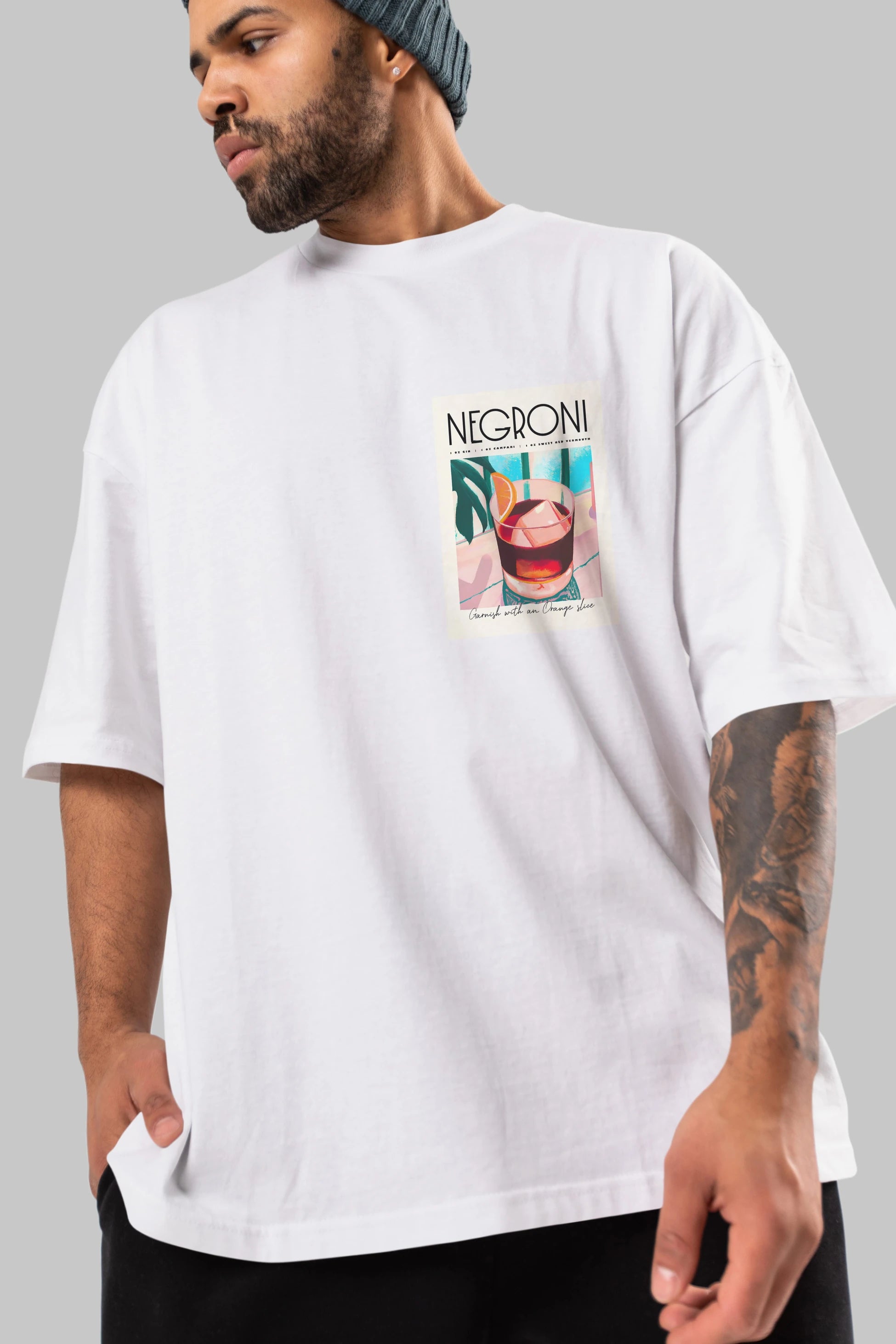 Negroni 4 Ön Sol Baskılı Oversize t-shirt Erkek Kadın Unisex %100 Pamuk Bisiklet Yaka tişort