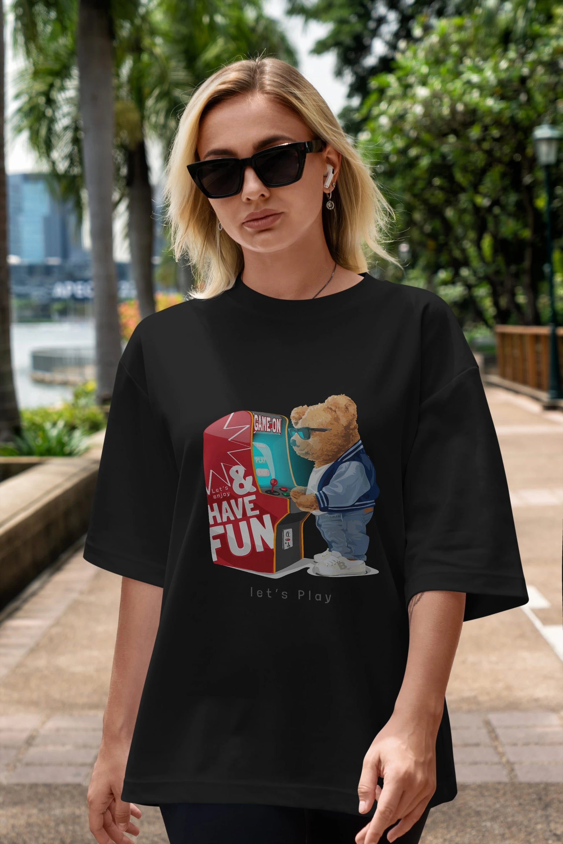 Teddy Bear Lets Play Ön Baskılı Oversize t-shirt Erkek Kadın Unisex %100 Pamuk