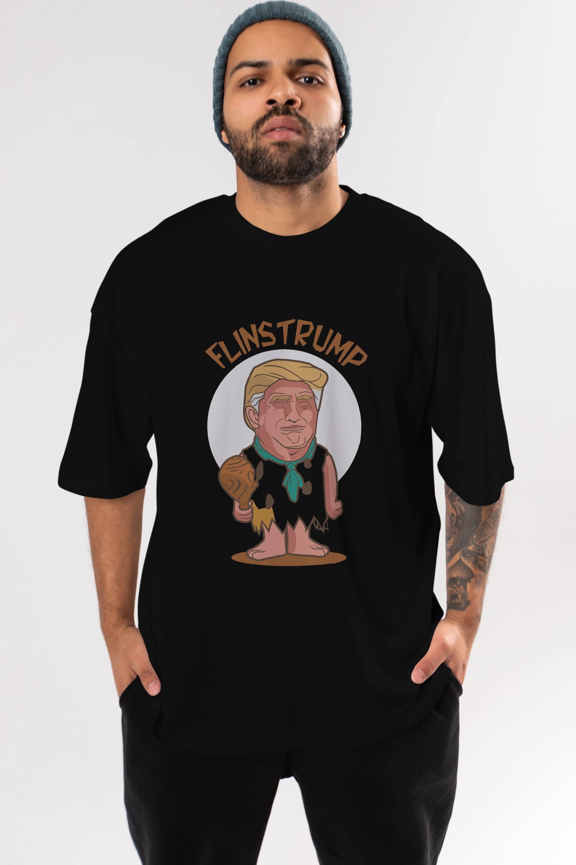 Flinstrump Ön Baskılı Oversize t-shirt Erkek Kadın Unisex %100 Pamuk tişort