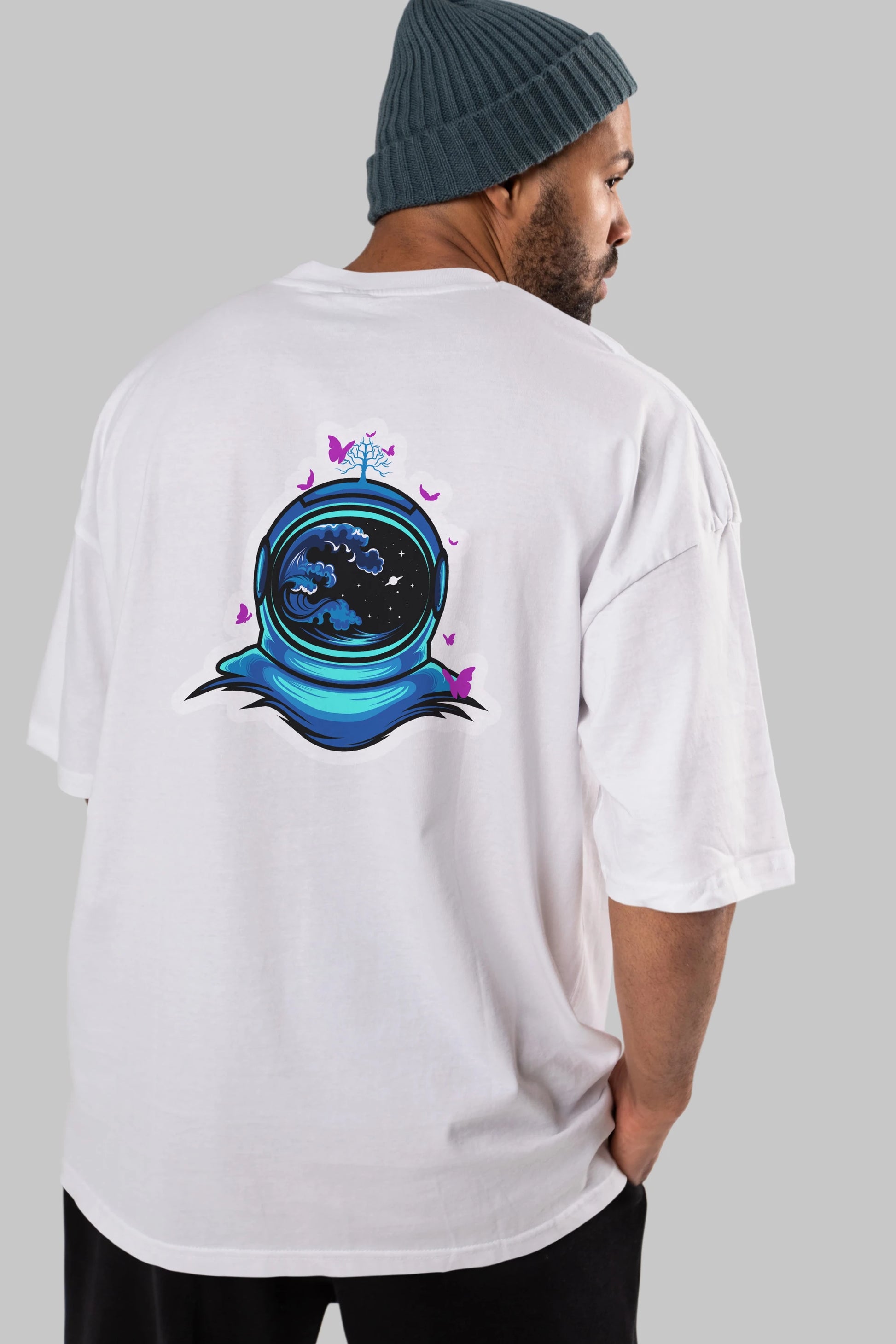 Astronaut and Butterfly Sticker Arka Baskılı Oversize t-shirt Erkek Kadın Unisex