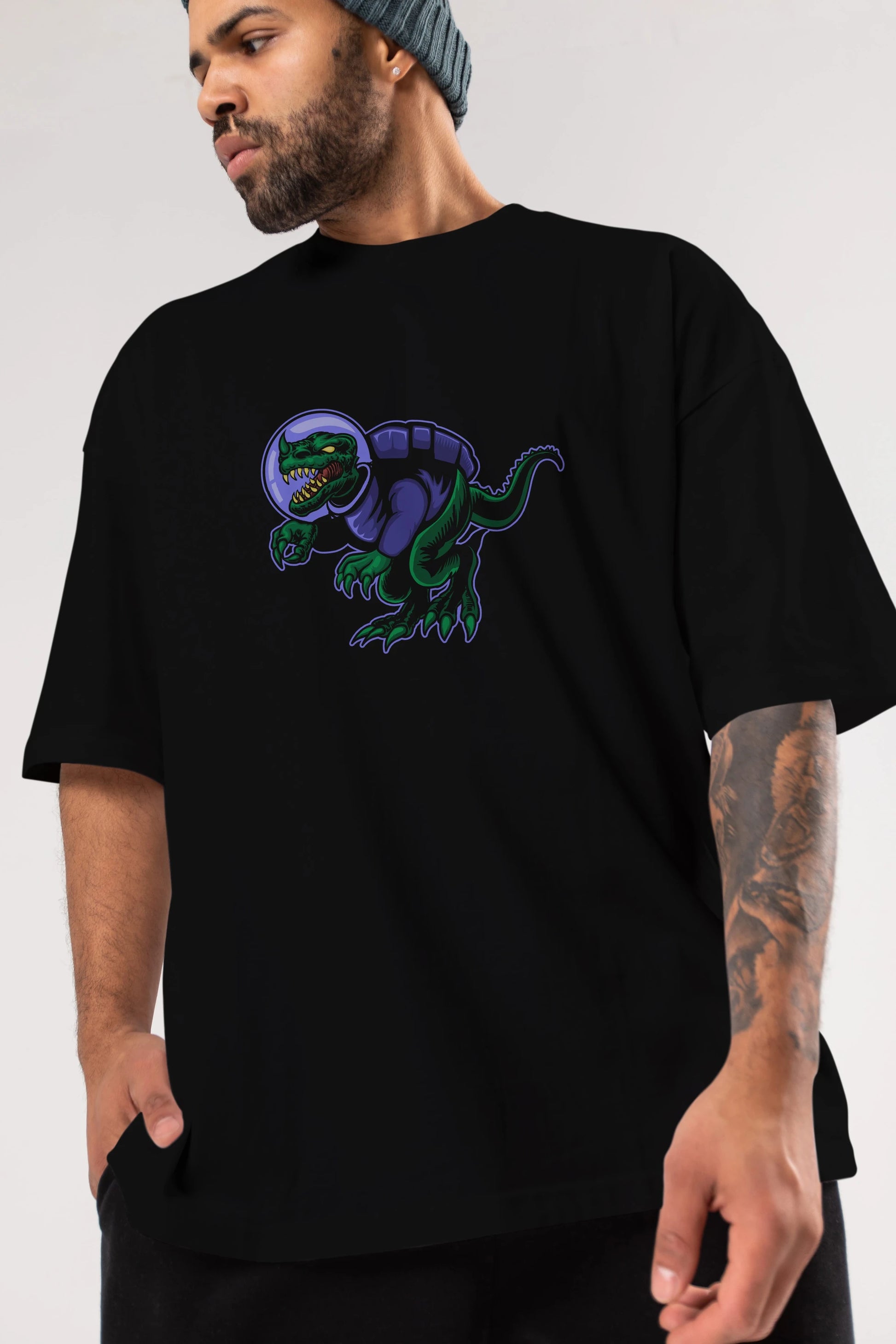 Space Dino Ön Baskılı Oversize t-shirt Erkek Kadın Unisex