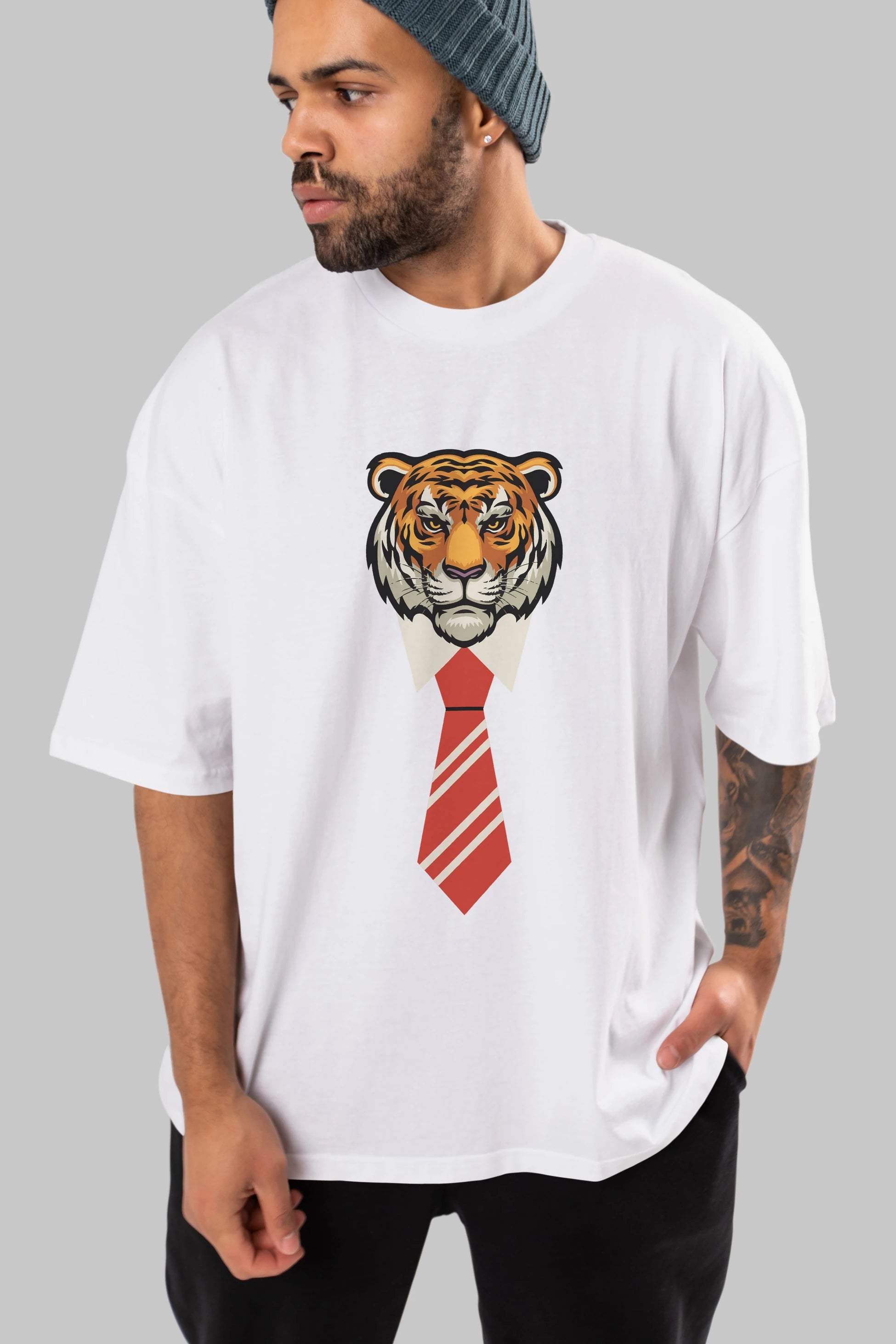 Tiger With Tie Ön Baskılı Oversize t-shirt Erkek Kadın Unisex