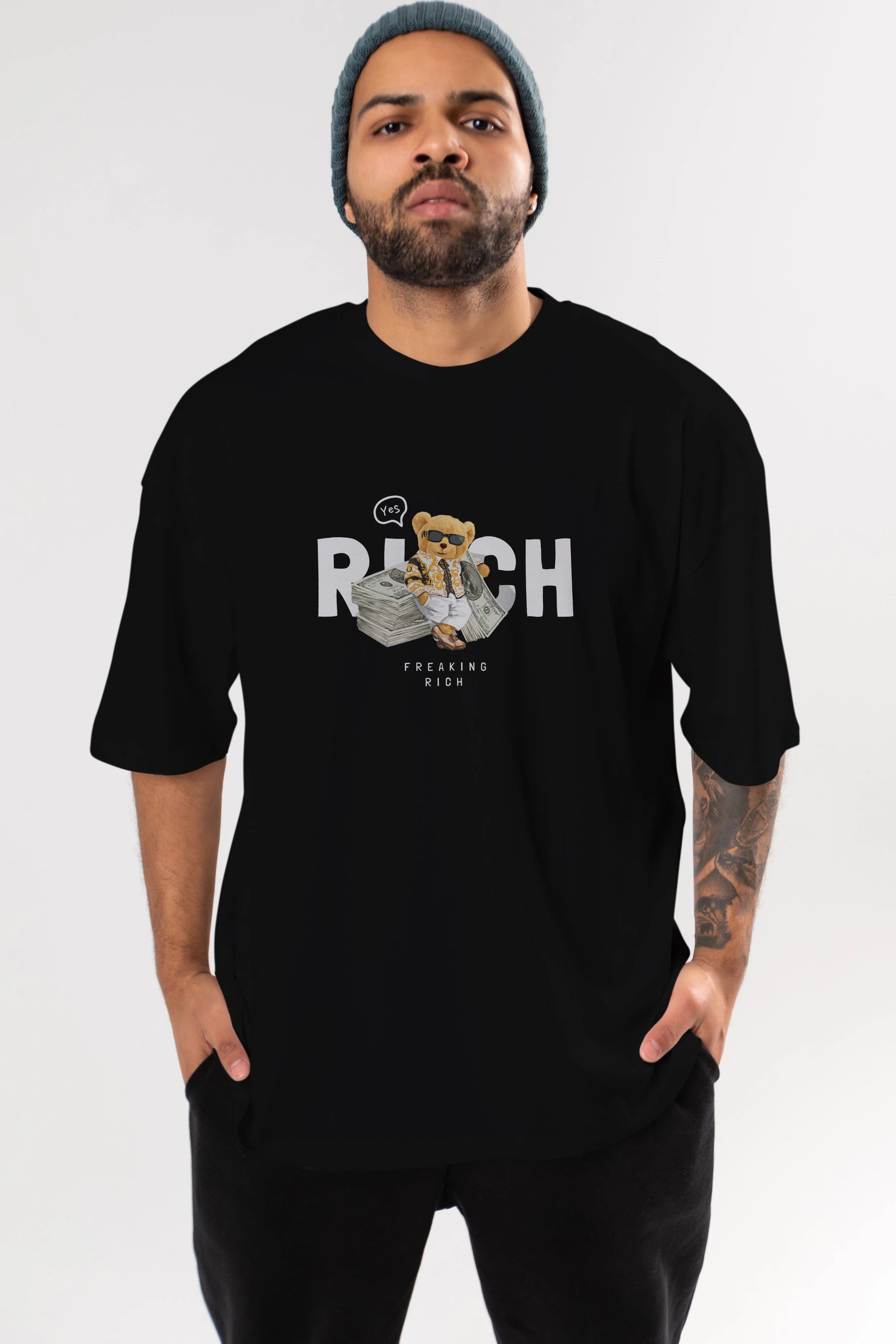 Teddy Bear Freakıng Rich Ön Baskılı Oversize t-shirt Erkek Kadın Unisex %100 Pamuk
