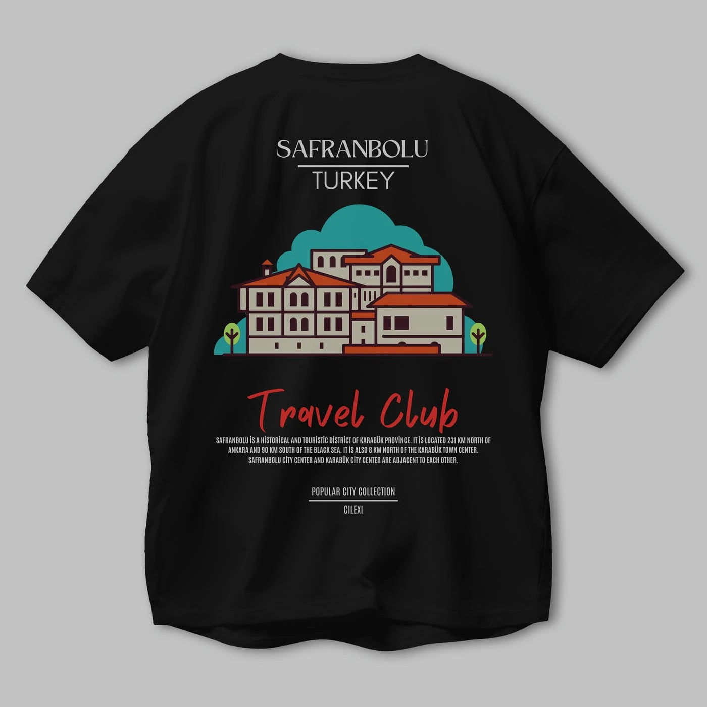 Safranbolu Turkey Arka Baskılı Oversize t-shirt Erkek Kadın Pamuk Bisiklet Yaka tişort
