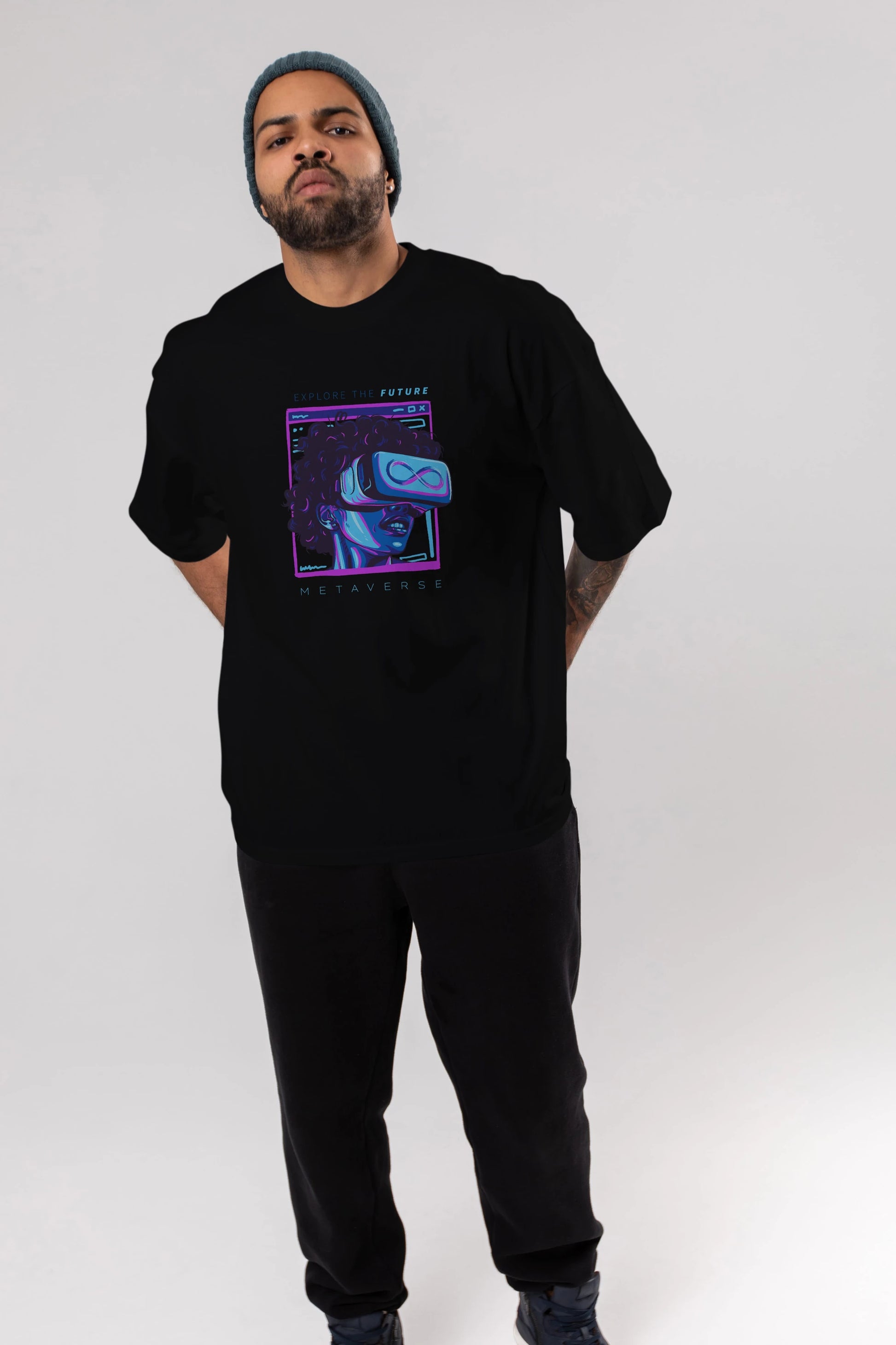 Metaverse Ön Baskılı Oversize t-shirt Erkek Kadın Unisex