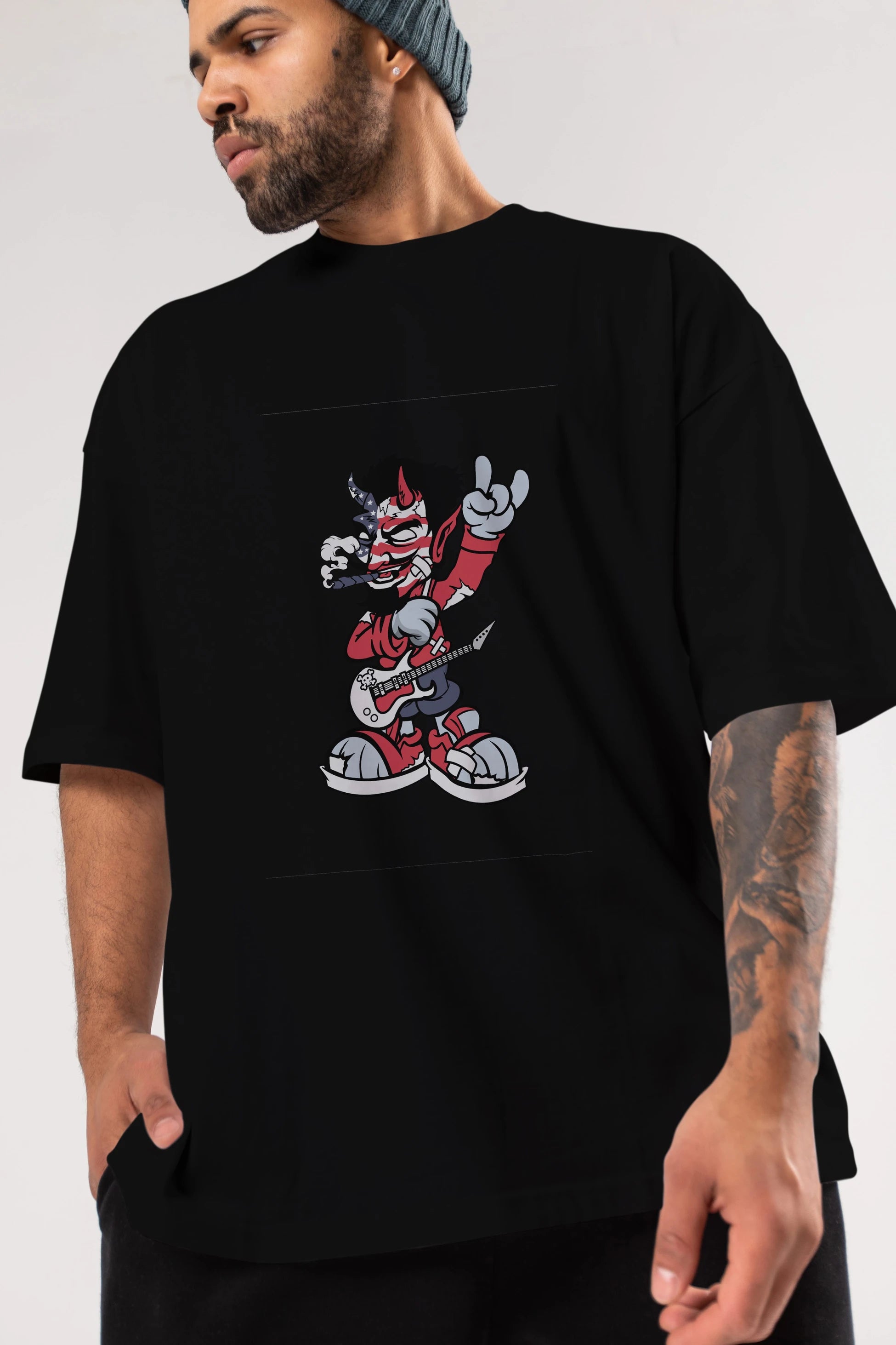 American Devil Rockstar Ön Baskılı Oversize t-shirt Erkek Kadın Unisex %100 Pamuk tişort