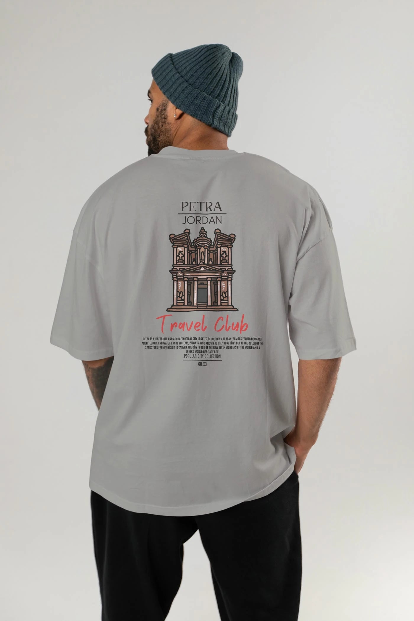 Petra Jordan Arka Baskılı Oversize t-shirt Erkek Kadın Pamuk Bisiklet Yaka tişort