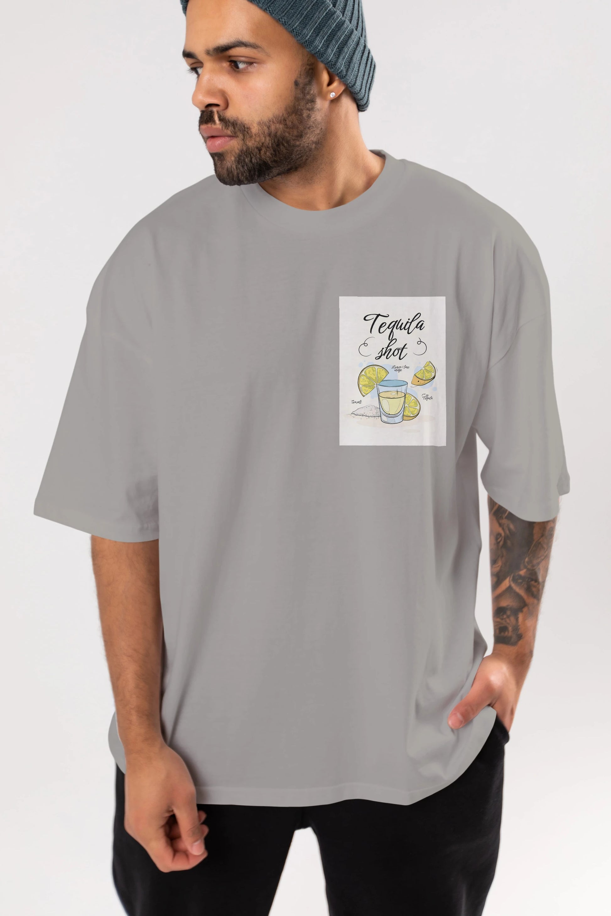 Tequila Shot Ön Sol Baskılı Oversize t-shirt Erkek Kadın Unisex %100 Pamuk Bisiklet Yaka tişort