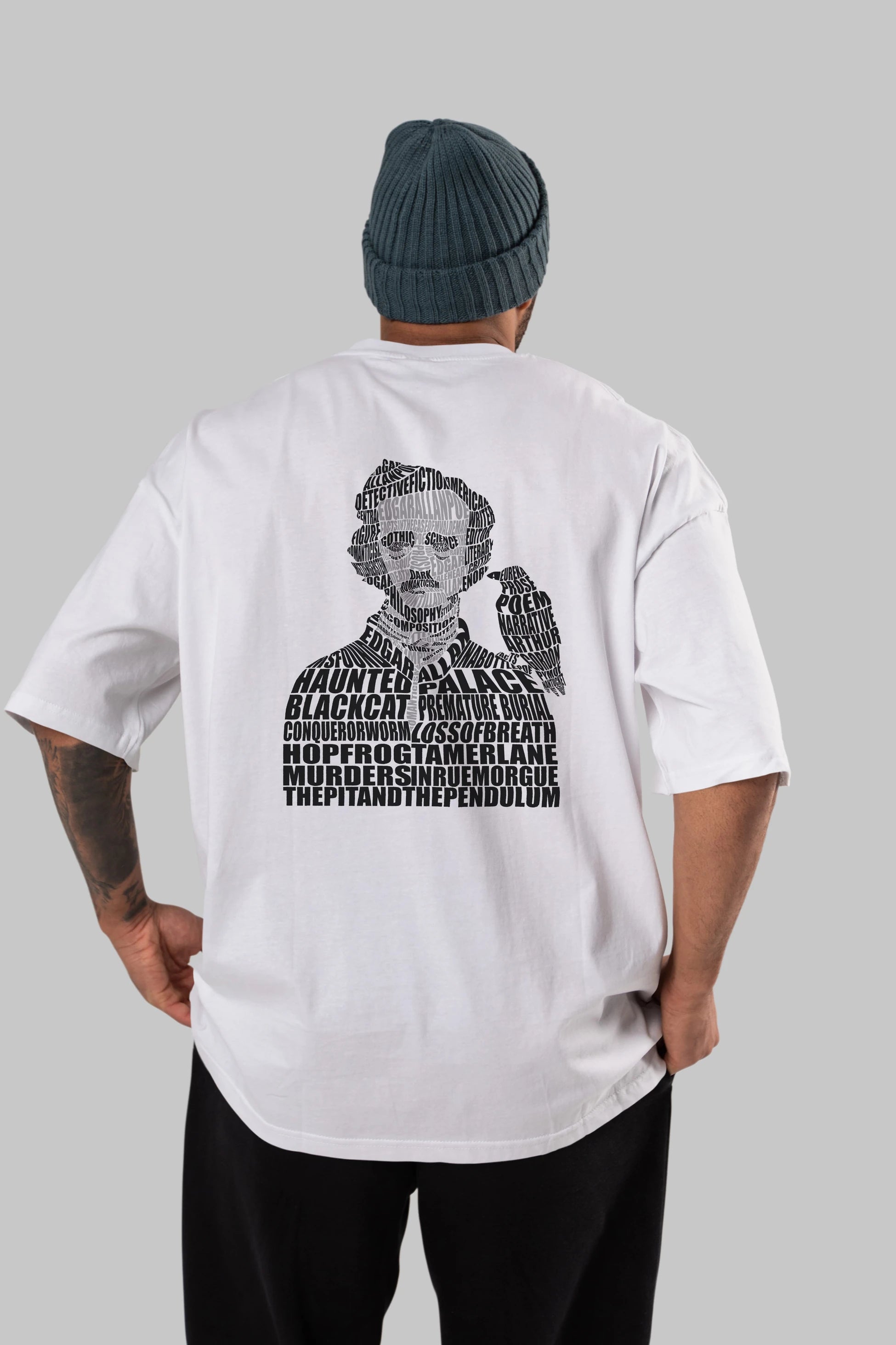 Edgar Alan Poe Calligram Arka Baskılı Oversize t-shirt %100 pamuk Erkek Kadın Unisex