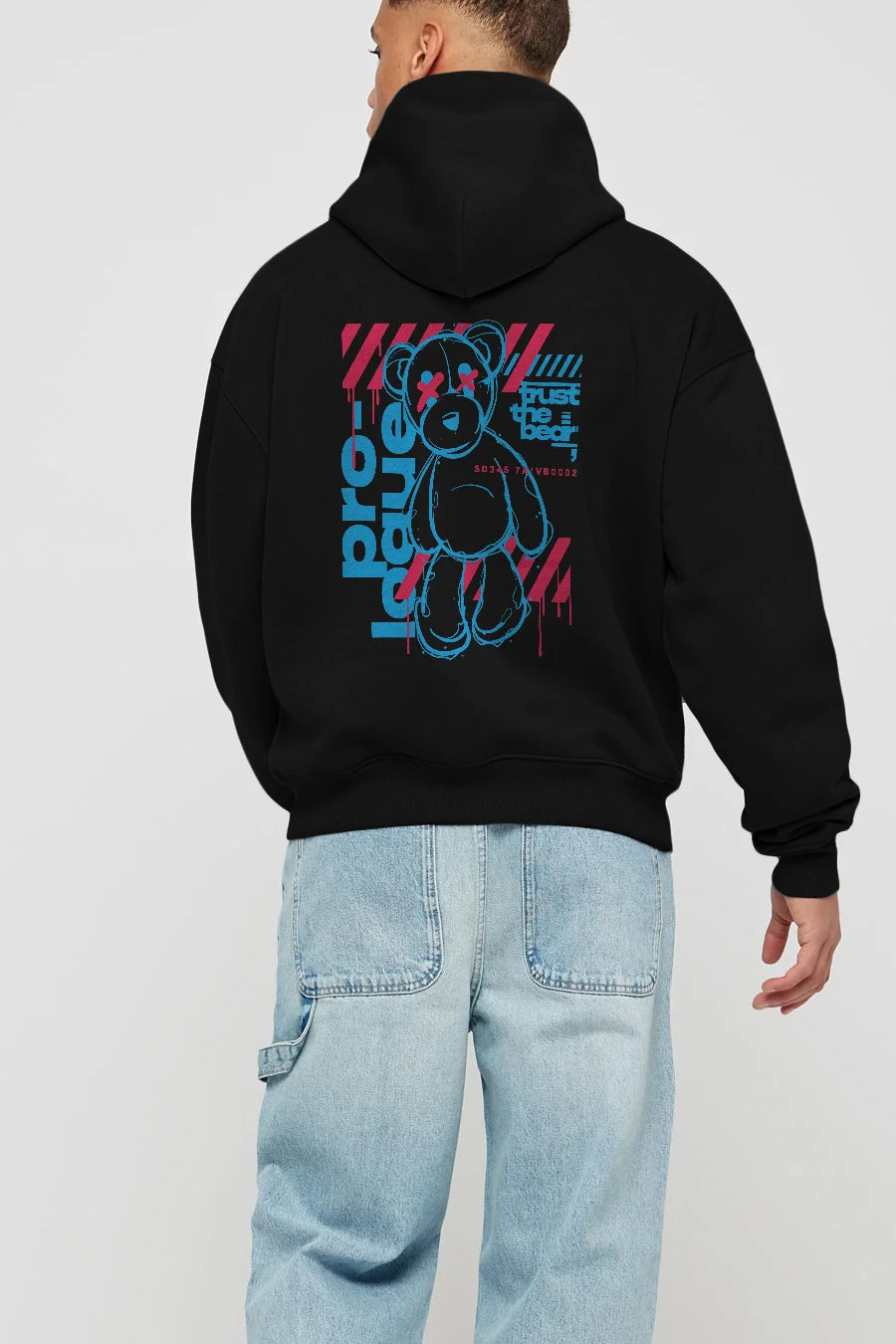 Trust The Bear Arka Baskılı Hoodie Oversize Kapüşonlu Sweatshirt Erkek Kadın Unisex