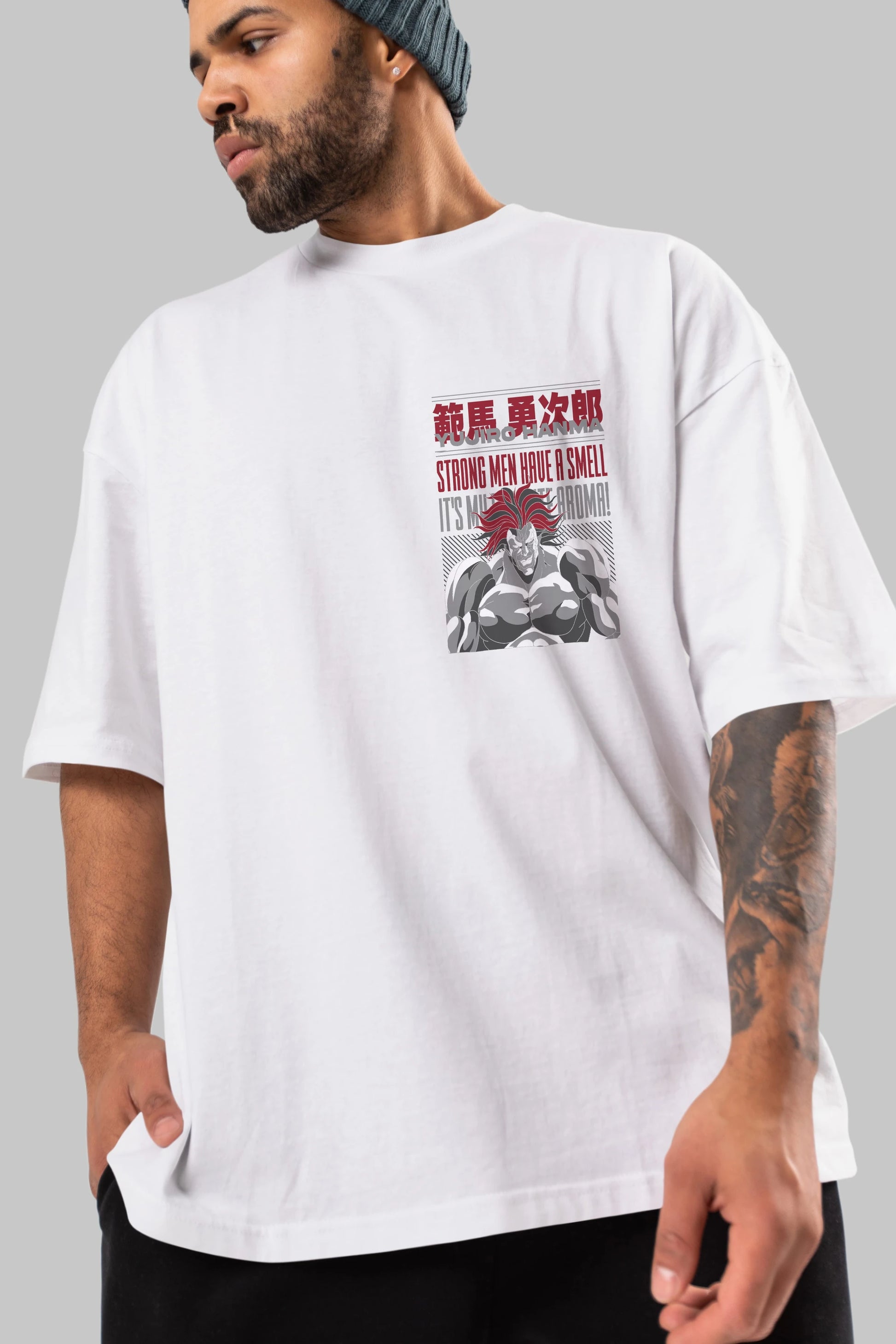 YUJIRO HANMA Ön Sol Baskılı Oversize t-shirt Erkek Kadın Unisex %100 Pamuk Bisiklet Yaka tişort