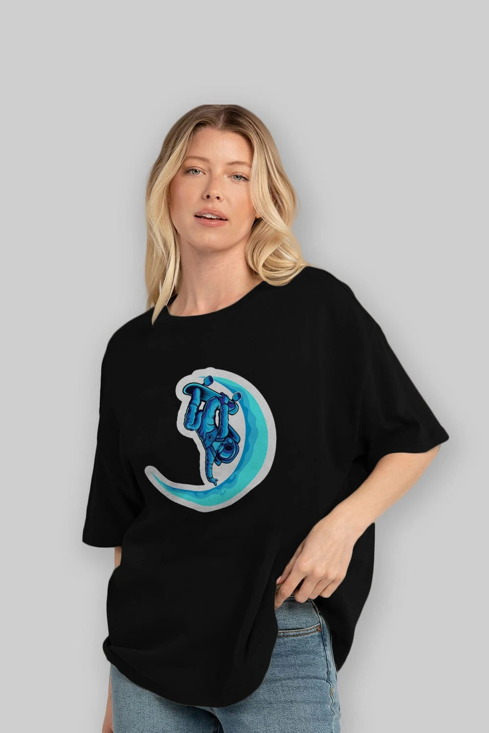 Skating on the moon sticker Ön Baskılı Oversize t-shirt Erkek Kadın Unisex