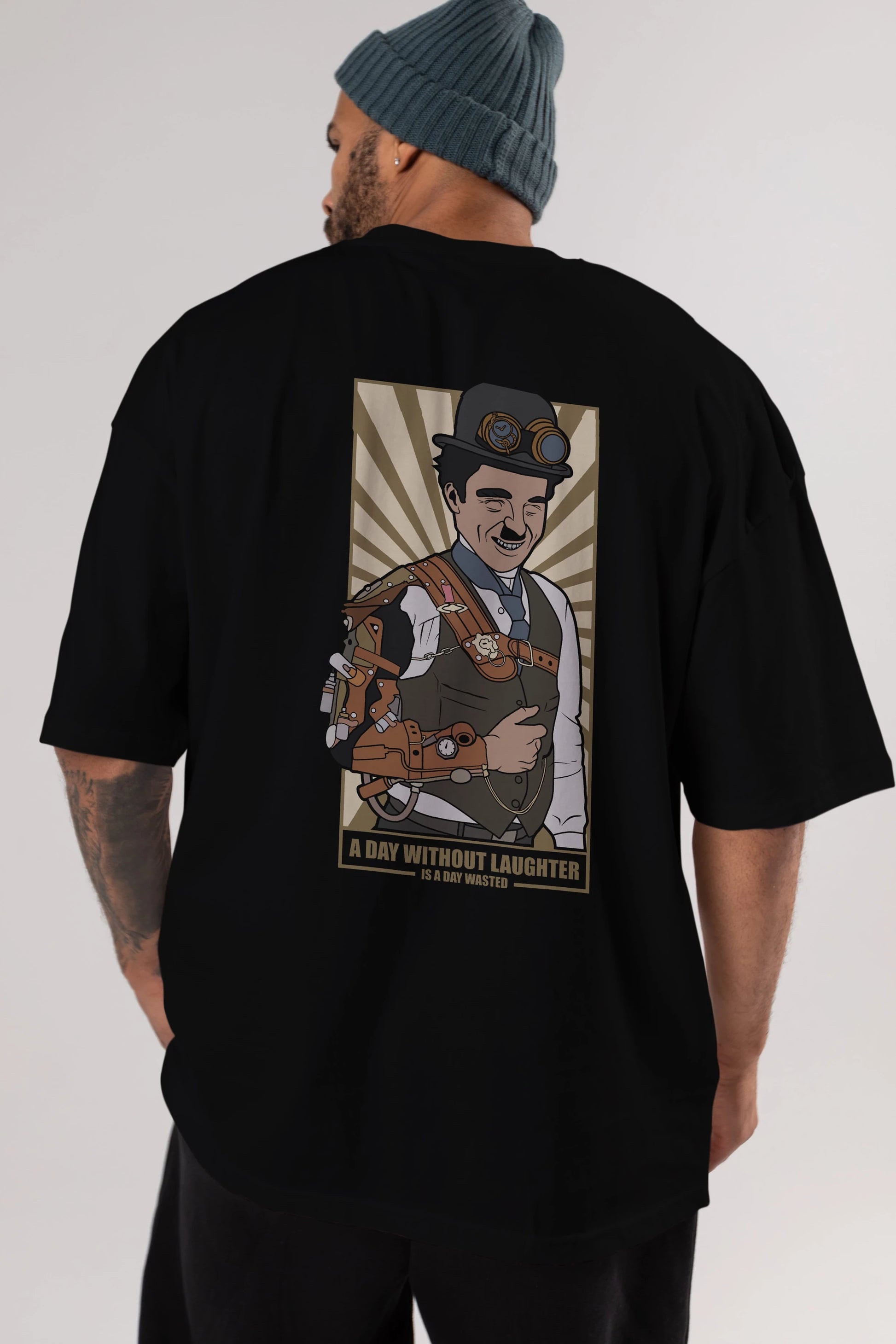 Steampunk Chaplin Arka Baskılı Oversize t-shirt Erkek Kadın Unisex %100 Pamuk tişort