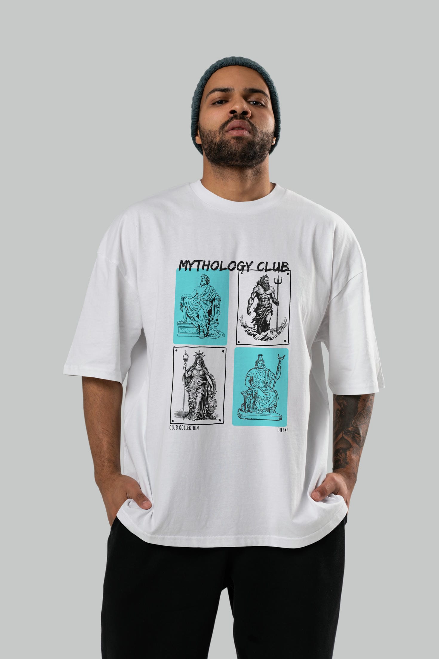 Mythology Club ön Baskılı Oversize t-shirt Erkek Kadın %100 Pamuk Bisiklet Yaka tişort