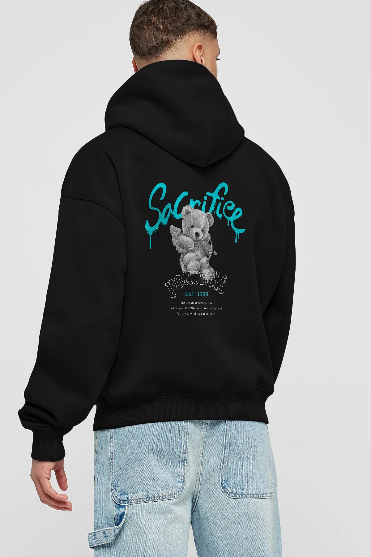 Sacrifice Yourself Bear Arka Baskılı Hoodie Oversize Kapüşonlu Sweatshirt Erkek Kadın Unisex