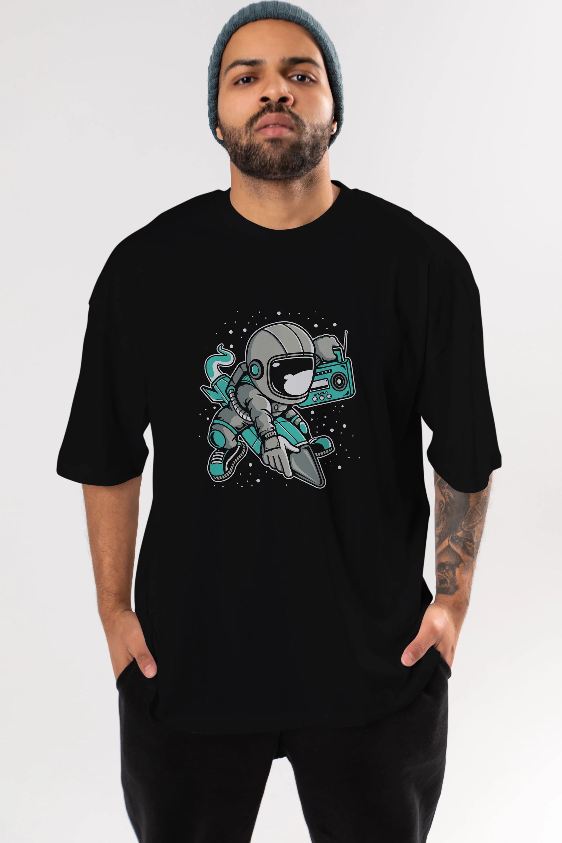 Astronaut Rocket (2) Ön Baskılı Oversize t-shirt Erkek Kadın Unisex