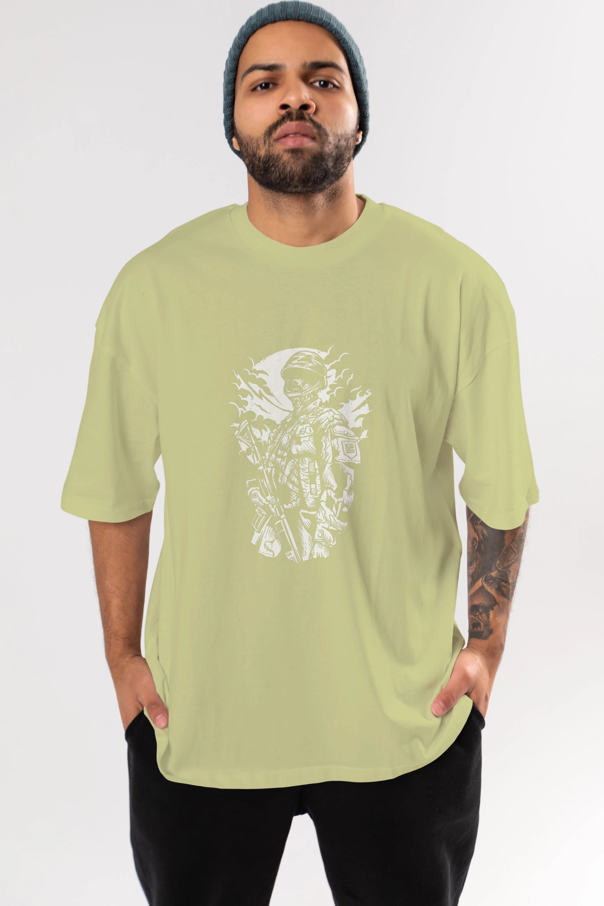 Zombie Soldier Ön Baskılı Oversize t-shirt Erkek Kadın Unisex %100 Pamuk tişort