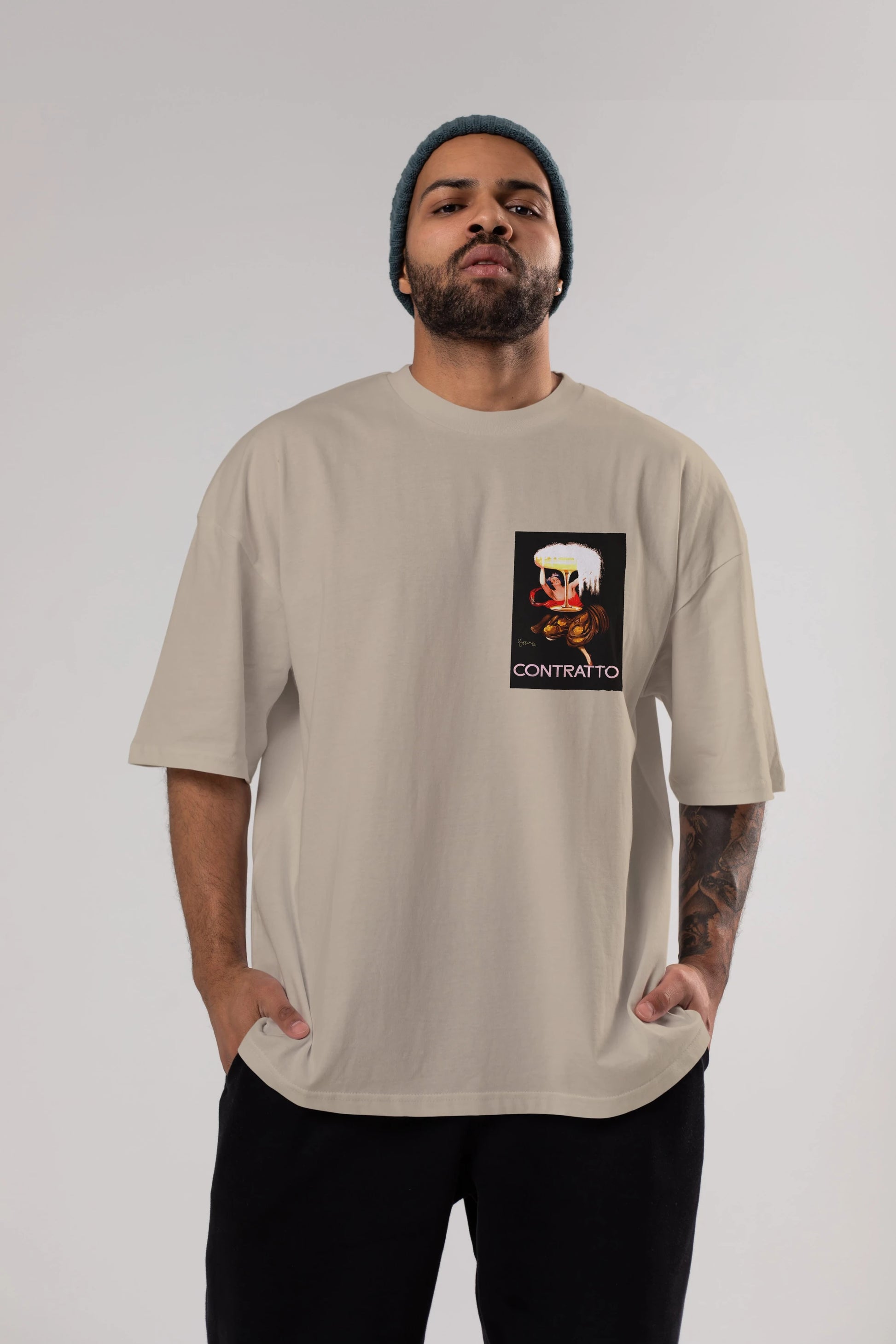 Contratto Ön Sol Baskılı Oversize t-shirt Erkek Kadın Unisex %100 Pamuk Bisiklet Yaka tişort