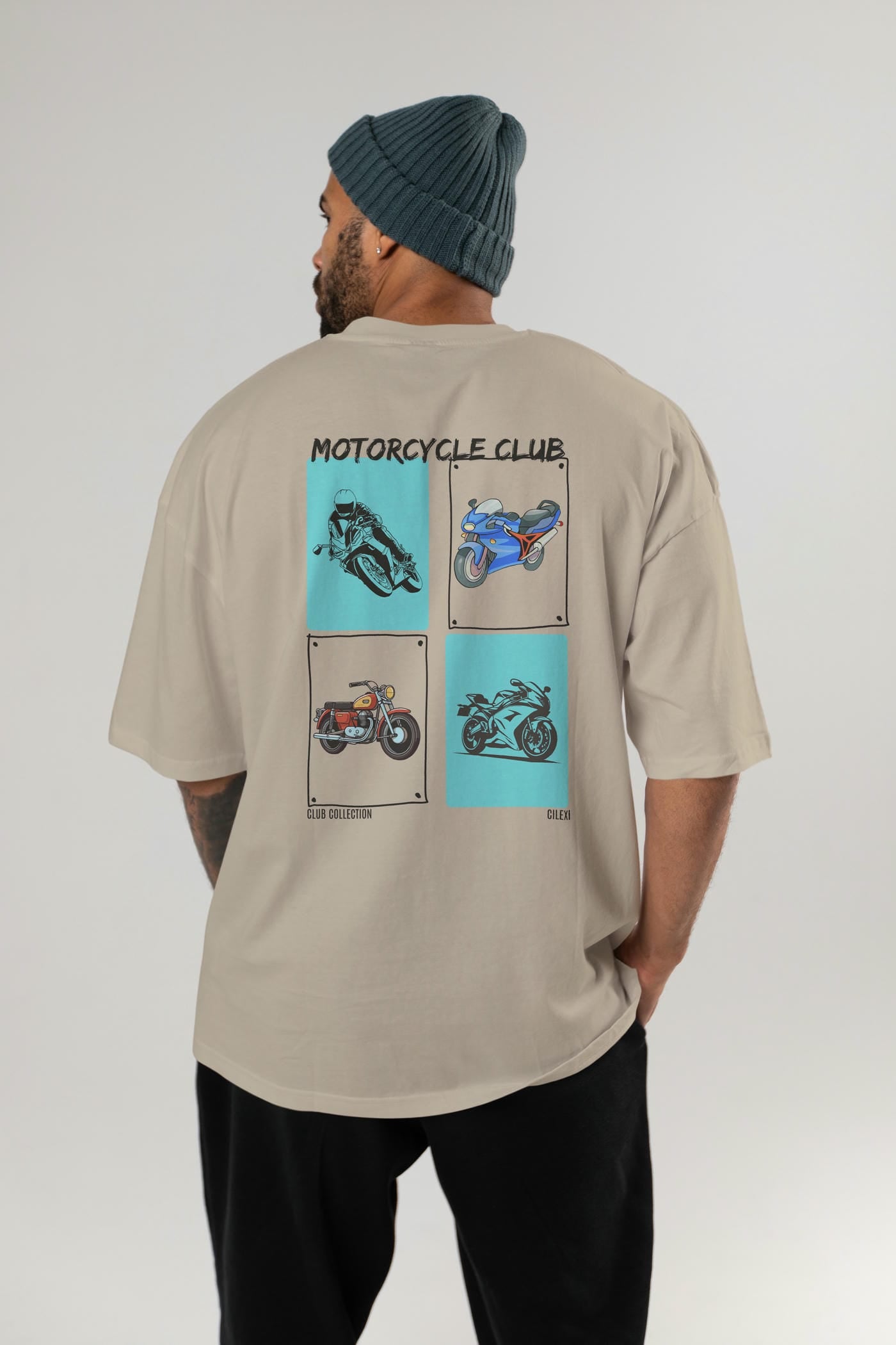 Motorcycle Club Arka Baskılı Oversize t-shirt Erkek Kadın %100 Pamuk Bisiklet Yaka tişort