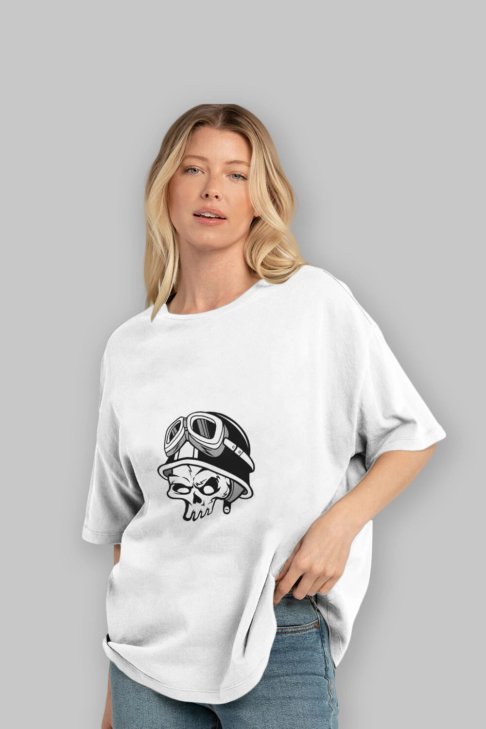 Biker Helmet Ön Baskılı Oversize t-shirt Erkek Kadın Unisex %100 Pamuk tişort