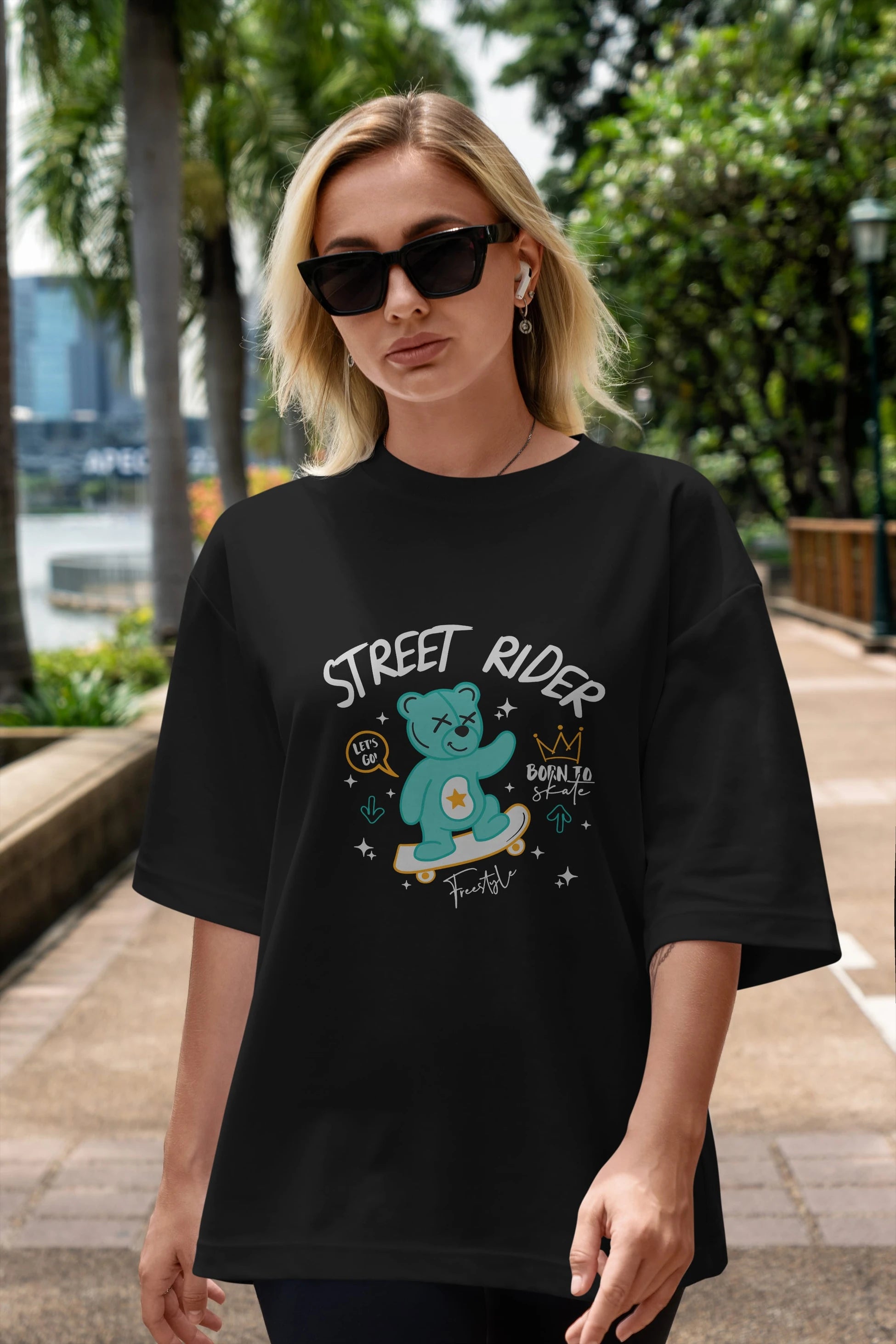 Street Rider Bear Ön Baskılı Oversize t-shirt Erkek Kadın Unisex