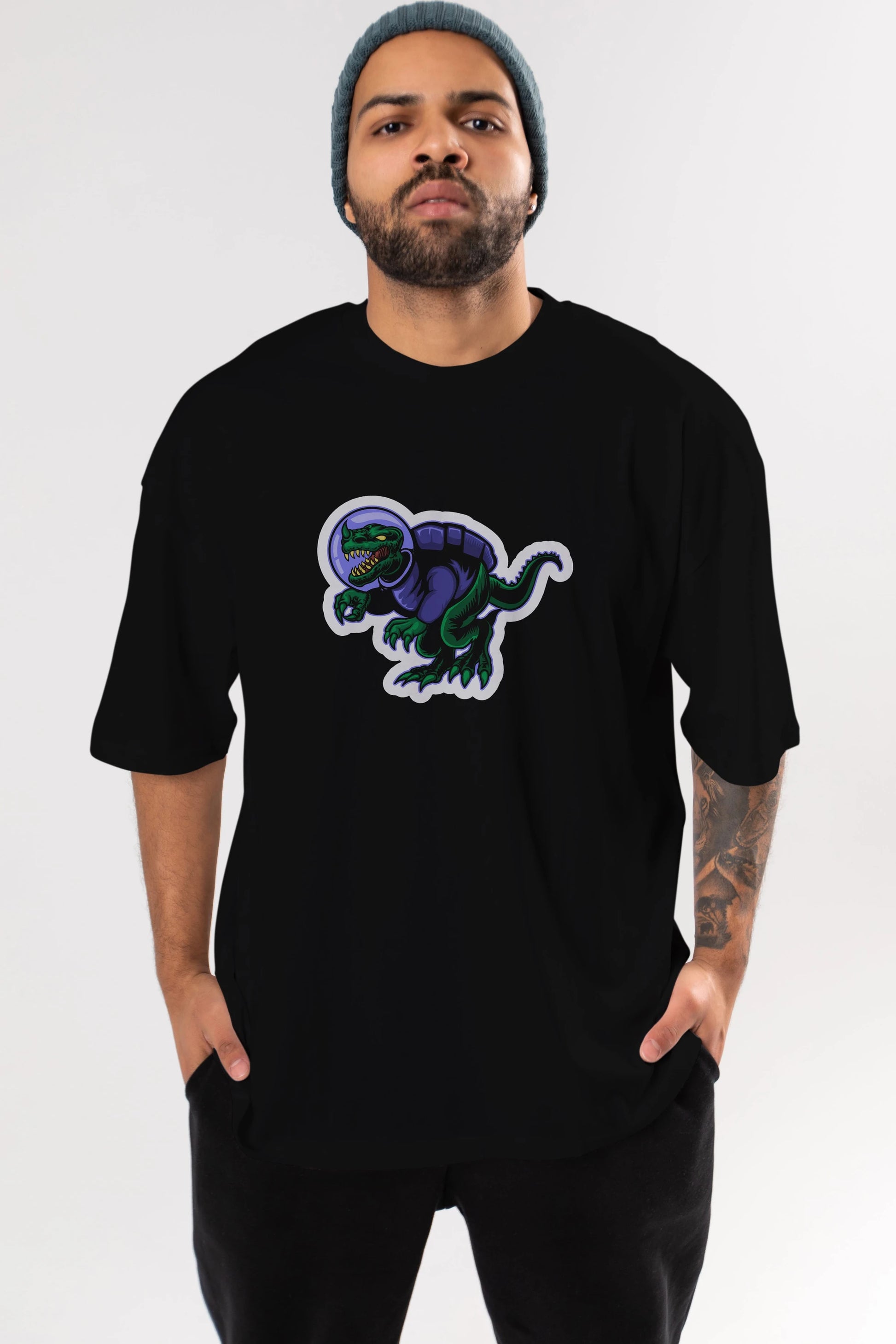 Space Dino Sticker Ön Baskılı Oversize t-shirt Erkek Kadın Unisex