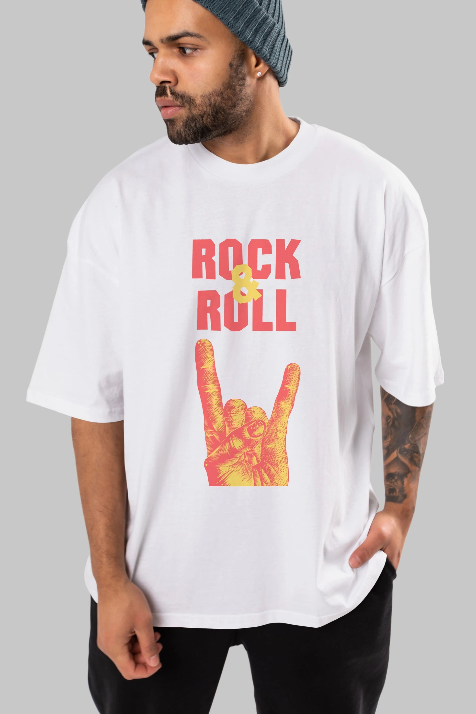 Rock & Roll Yazılı Ön Baskılı Oversize t-shirt Erkek Kadın Unisex
