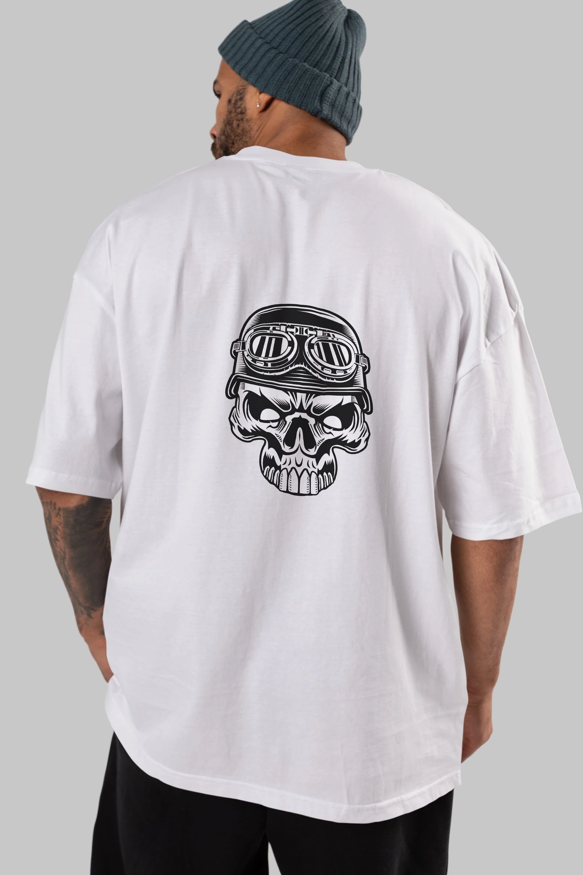 Biker Skull Helmet Arka Baskılı Oversize t-shirt Erkek Kadın Unisex %100 Pamuk tişort