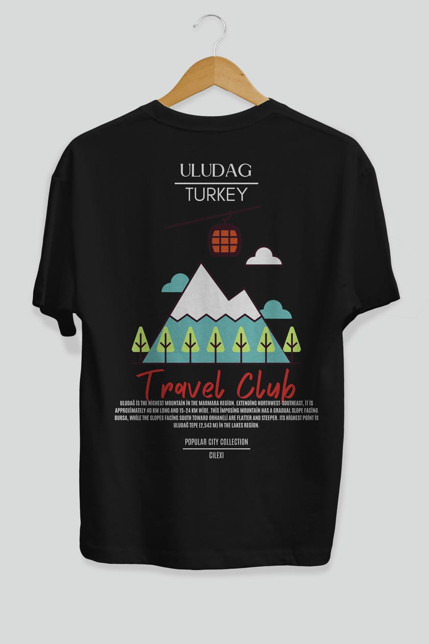 Uludağ Turkey Arka Baskılı Oversize t-shirt Erkek Kadın Pamuk Bisiklet Yaka tişort