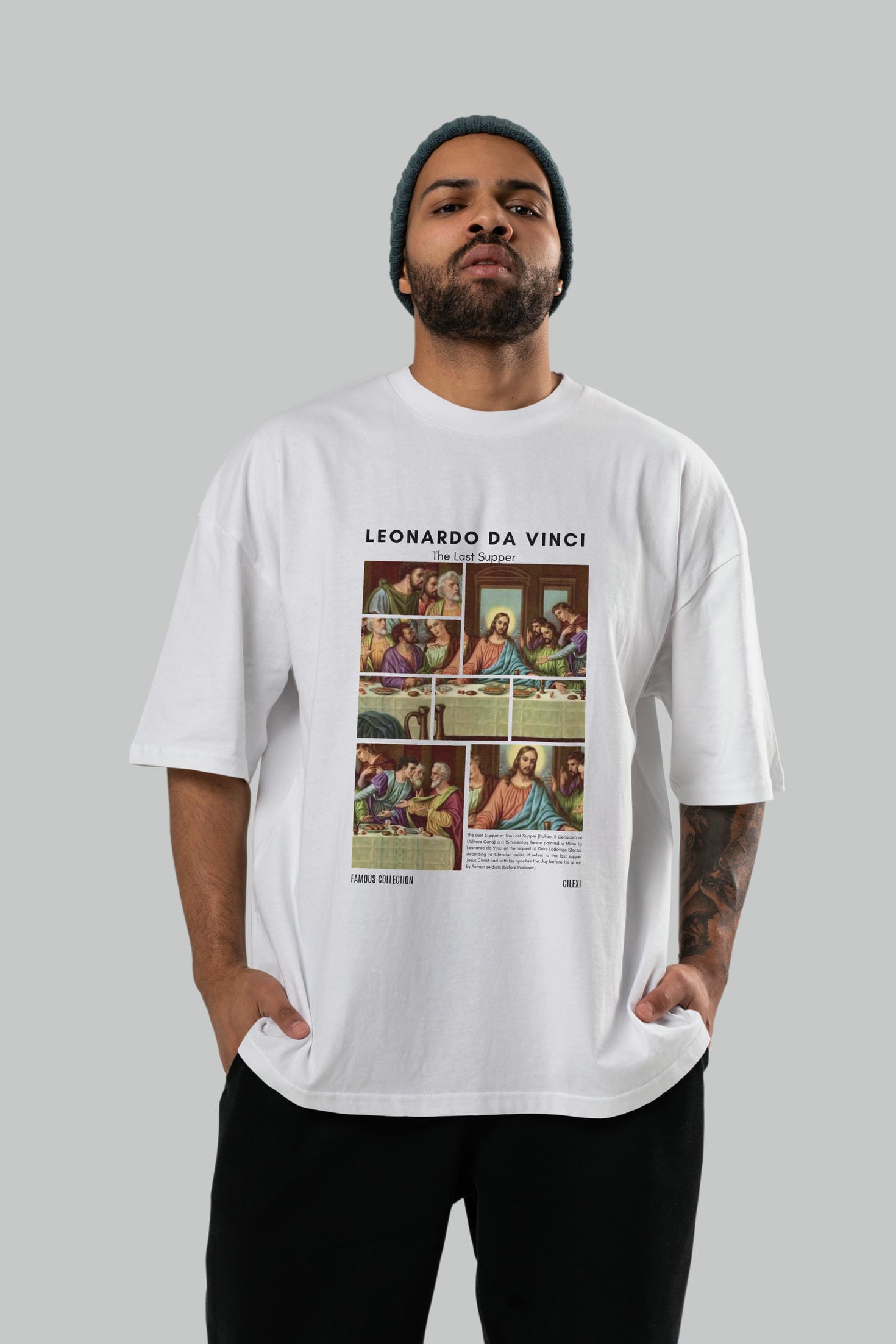 Leonardo Da Vinci ön Baskılı Oversize t-shirt Erkek Kadın Bisiklet Yaka Pamuk tişort