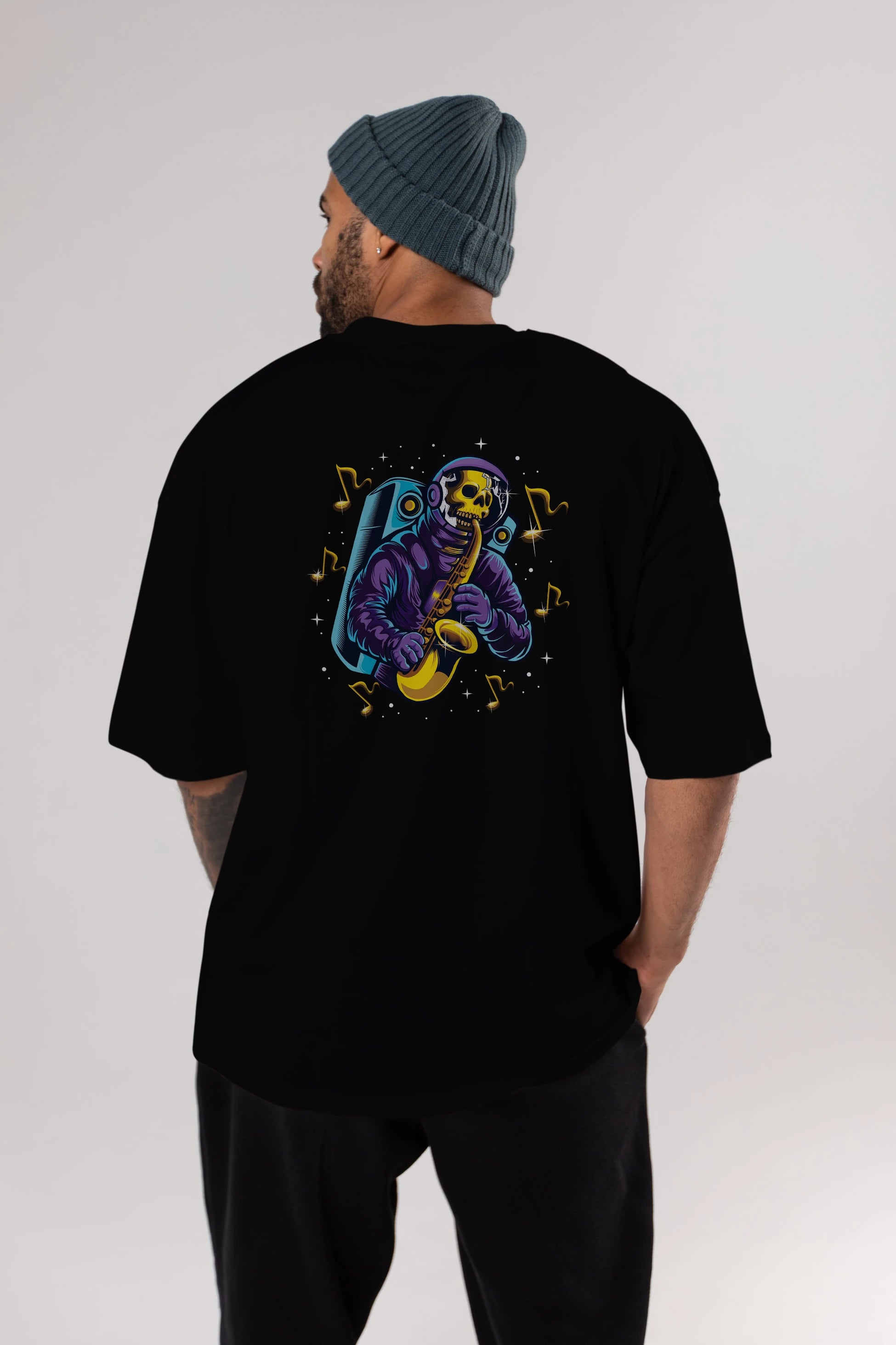 Astroskull Saxophonist Arka Baskılı Oversize t-shirt Erkek Kadın Unisex