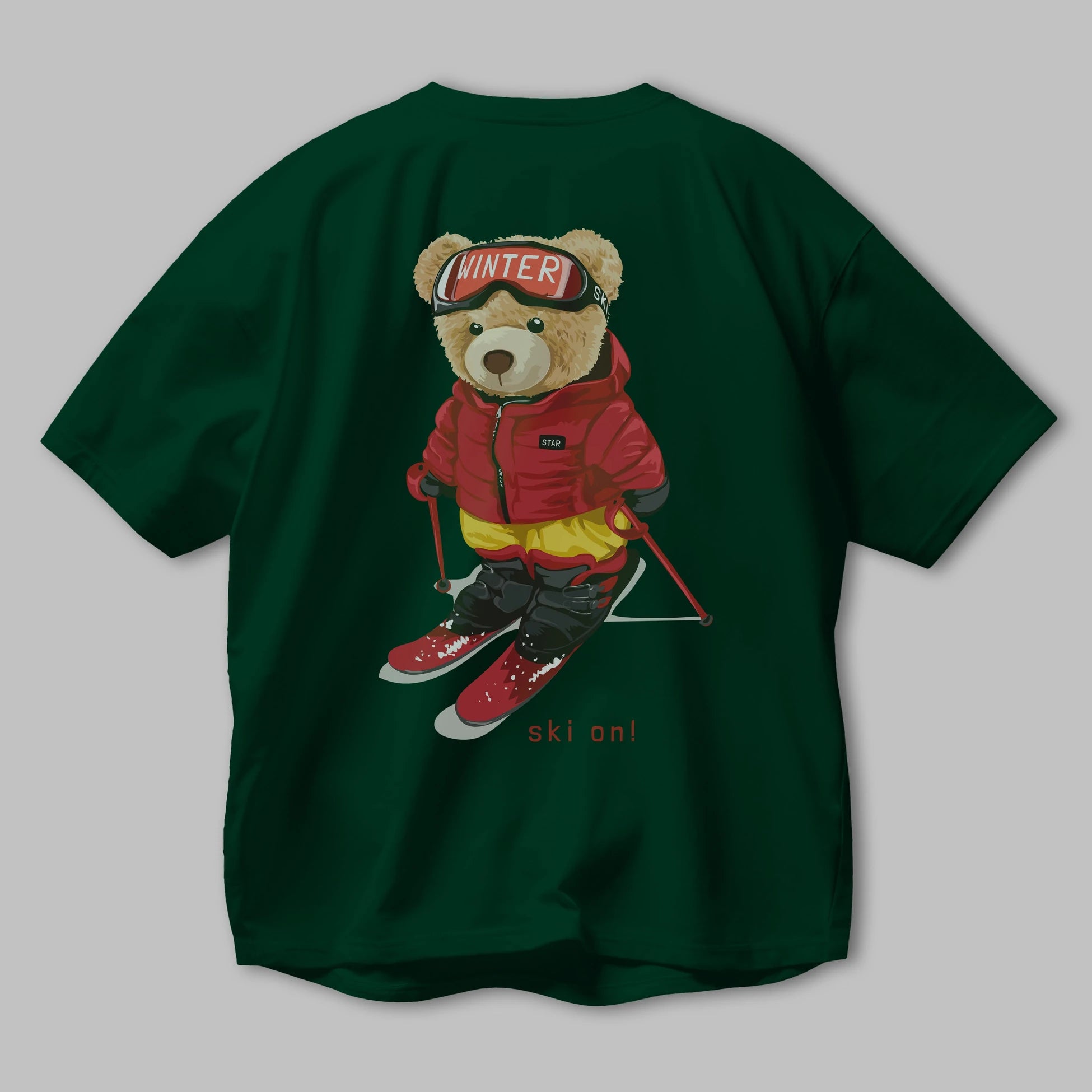 Teddy Bear Ski On Arka Baskılı Oversize t-shirt Erkek Kadın Unisex %100 Pamuk