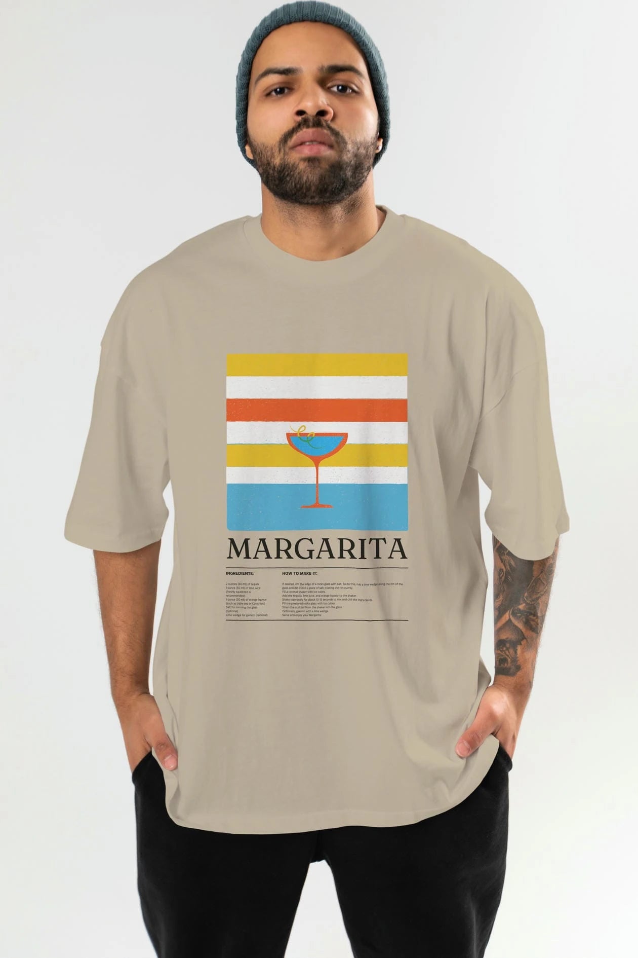 Margarita Kokteyl Ön Baskılı Oversize t-shirt Erkek Kadın %100 Pamuk Bisiklet Yaka tişort