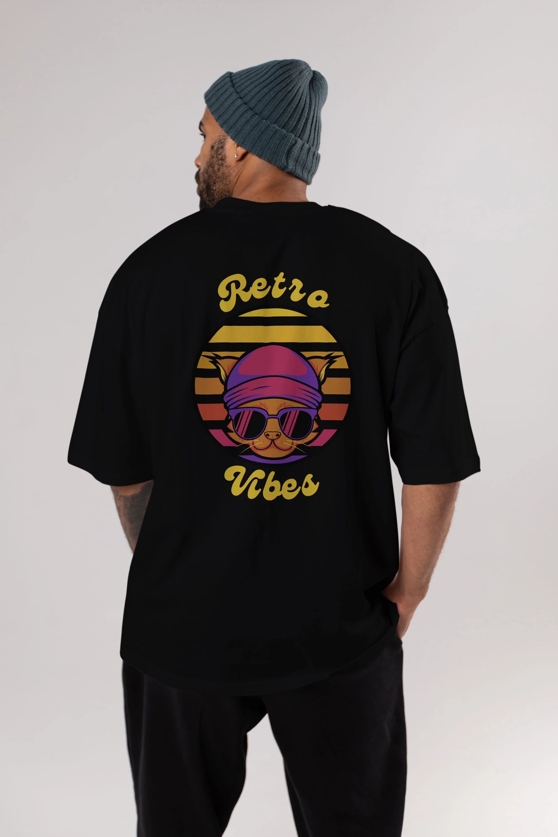 Cat Retro Vibes Arka Baskılı Oversize t-shirt Erkek Kadın Unisex