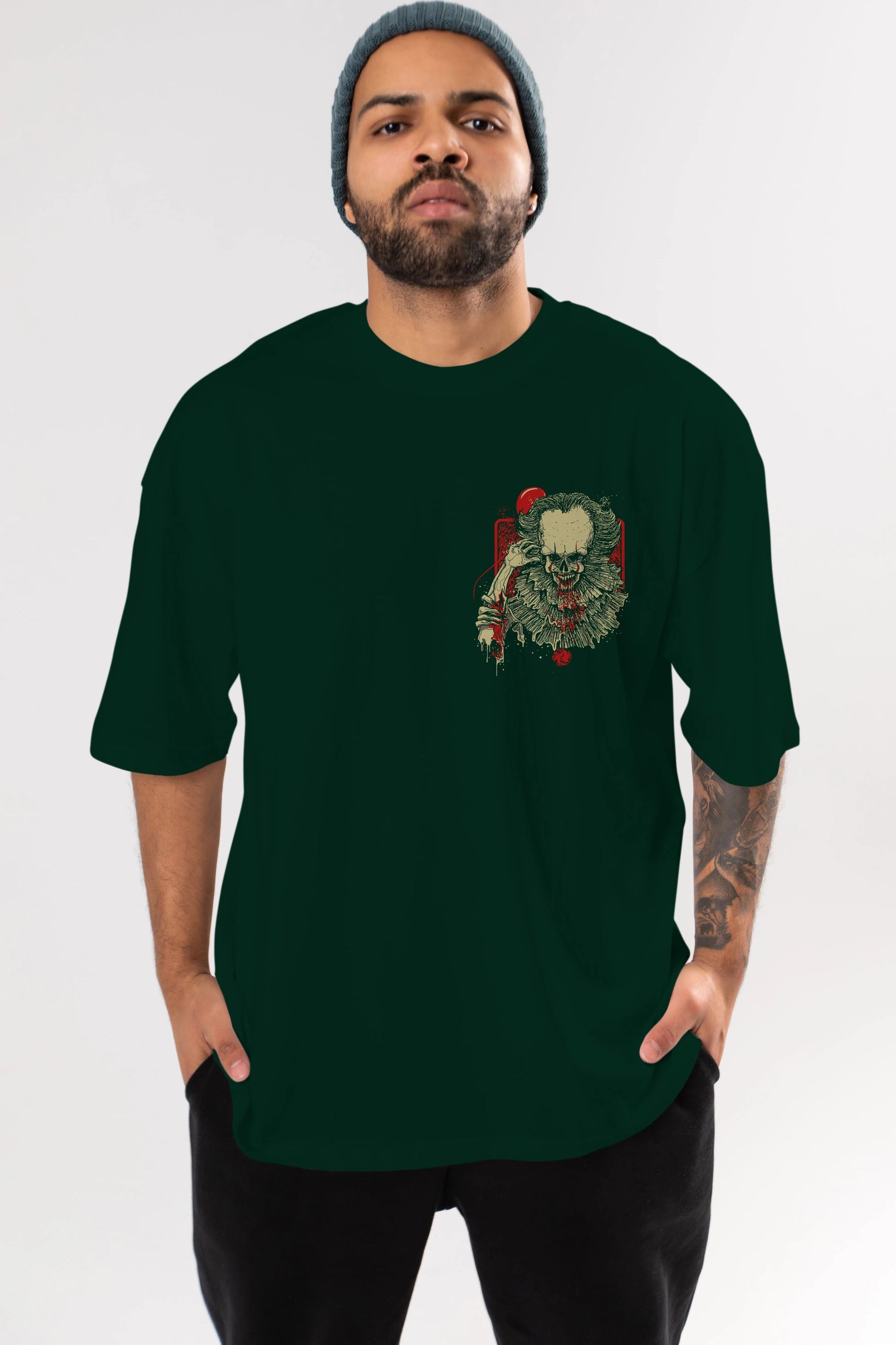 it (2) Ön Sol Baskılı Oversize t-shirt Erkek Kadın Unisex %100 Pamuk Bisiklet Yaka tişort