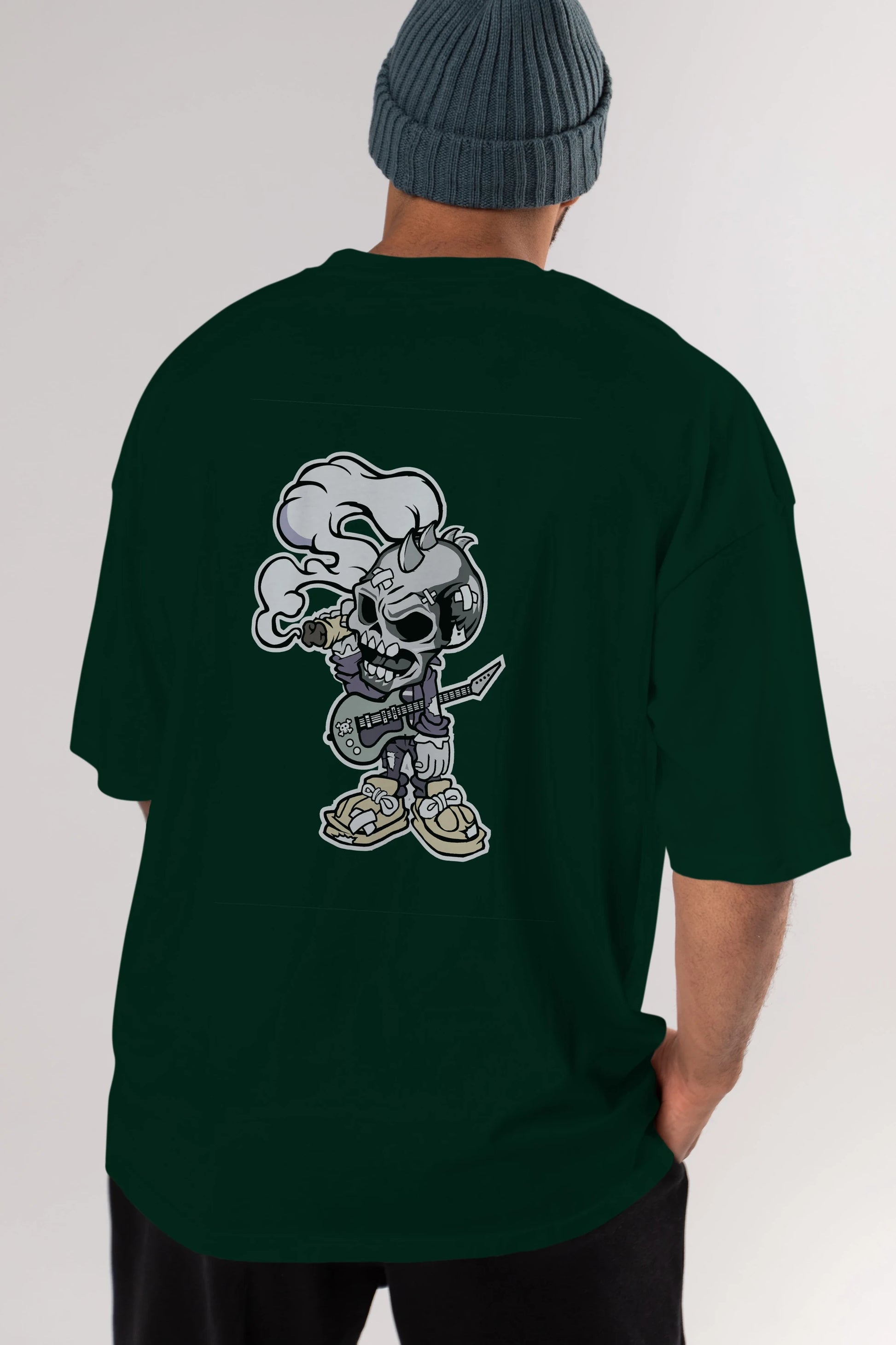 Skull Smoker Punk Rocker Arka Baskılı Oversize t-shirt Erkek Kadın Unisex %100 Pamuk tişort
