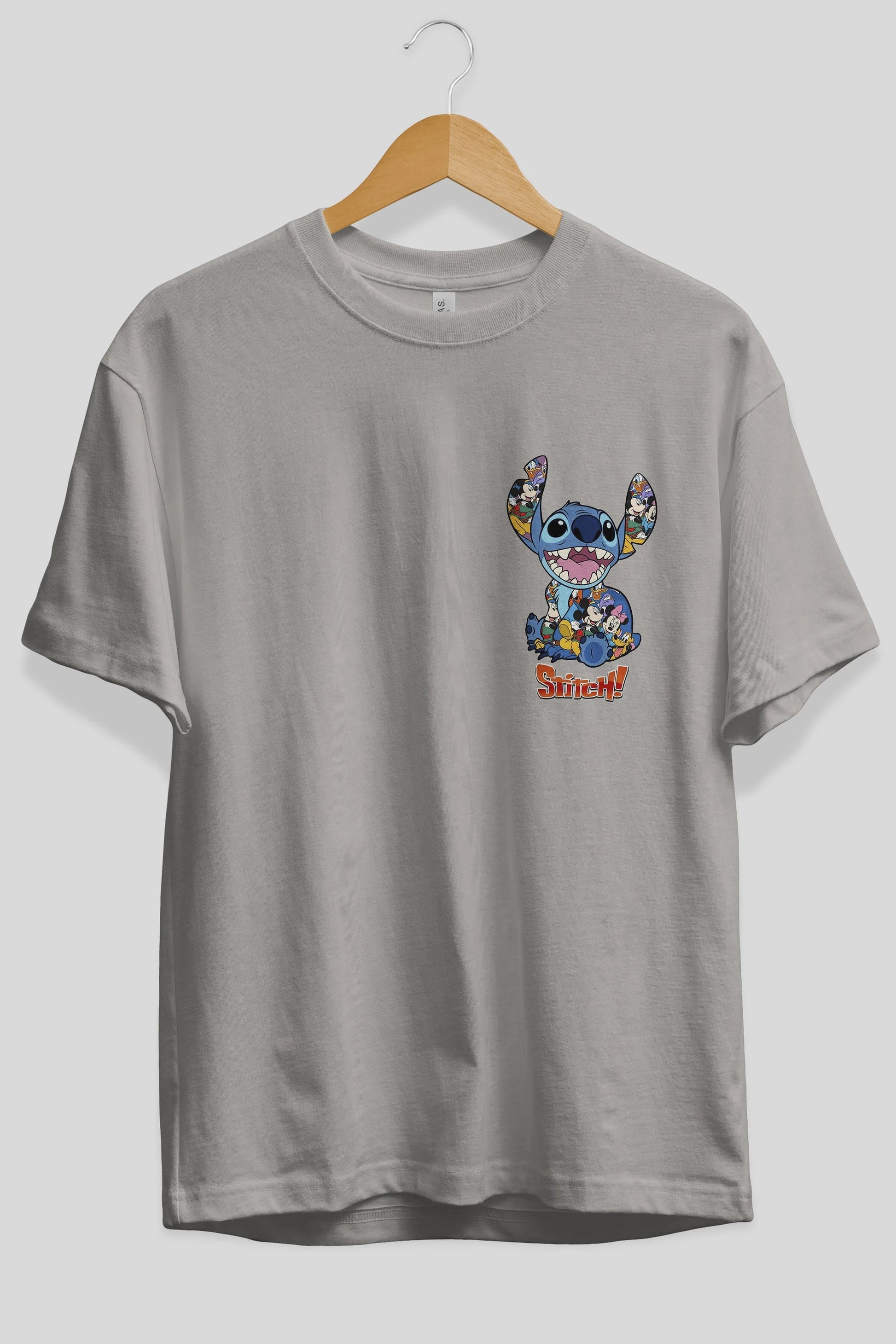 Stitch Ön Sol Baskılı Oversize t-shirt Erkek Kadın Unisex %100 Pamuk Bisiklet Yaka tişort
