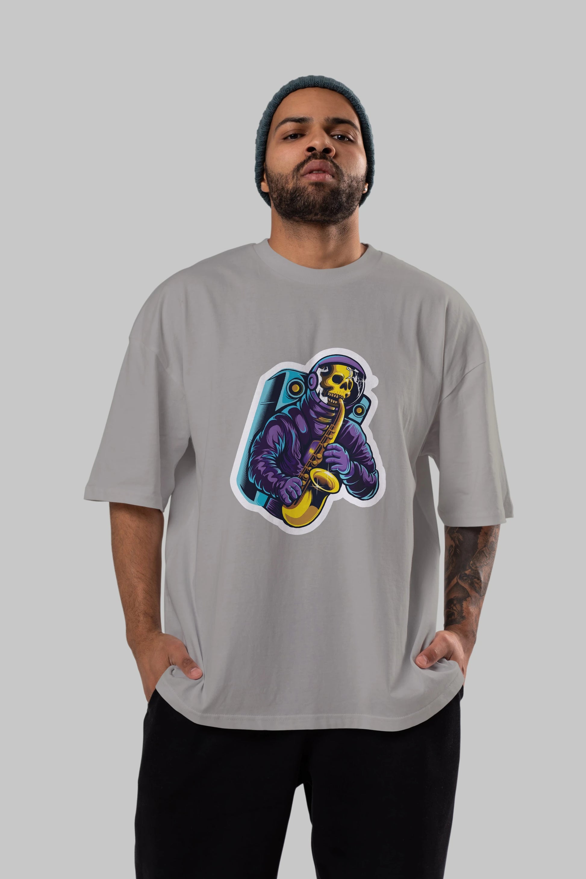 Astroskull Saxophonist Sticker Ön Baskılı Oversize t-shirt Erkek Kadın Unisex