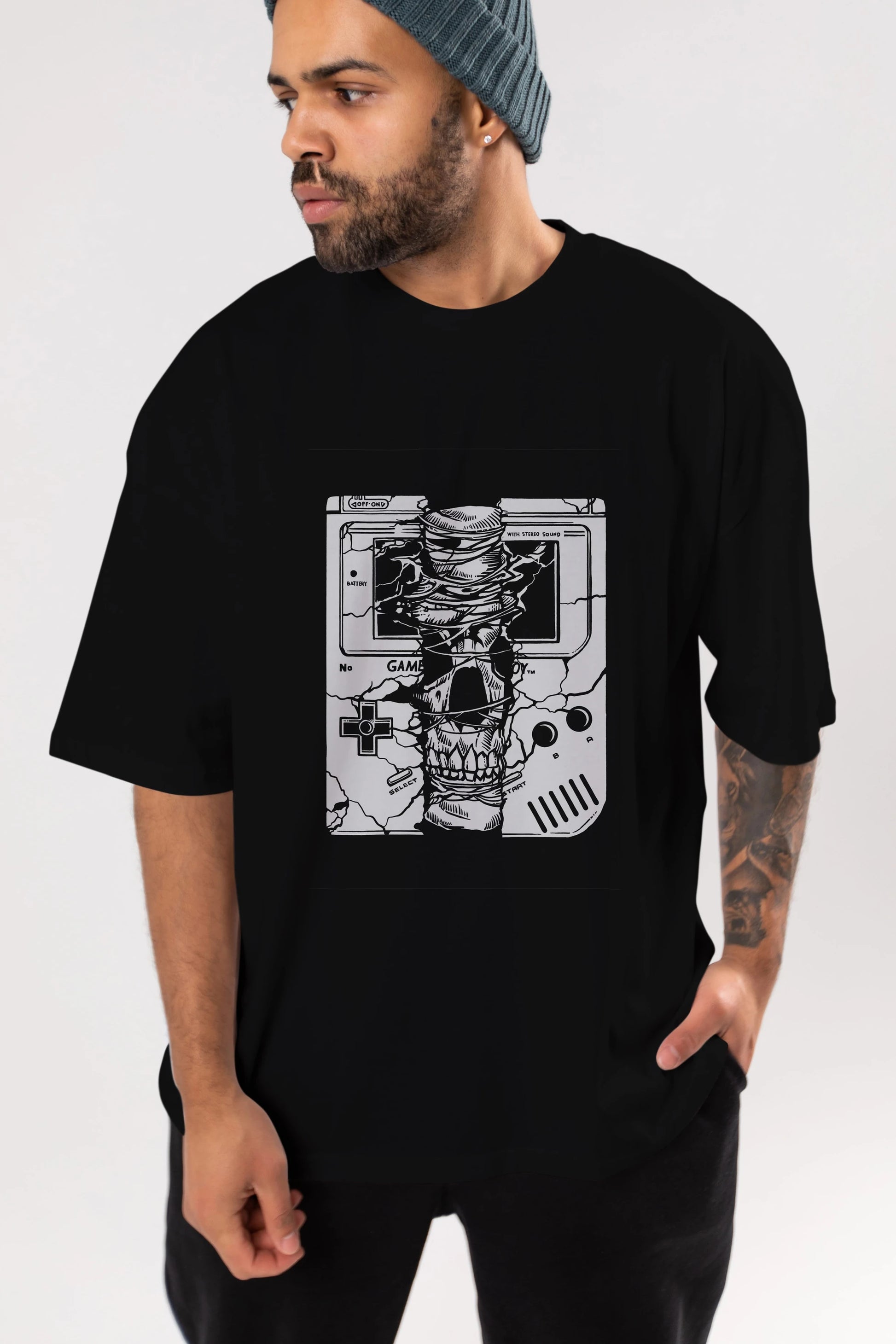 Gameboy Skull Ön Baskılı Oversize t-shirt Erkek Kadın Unisex %100 Pamuk tişort