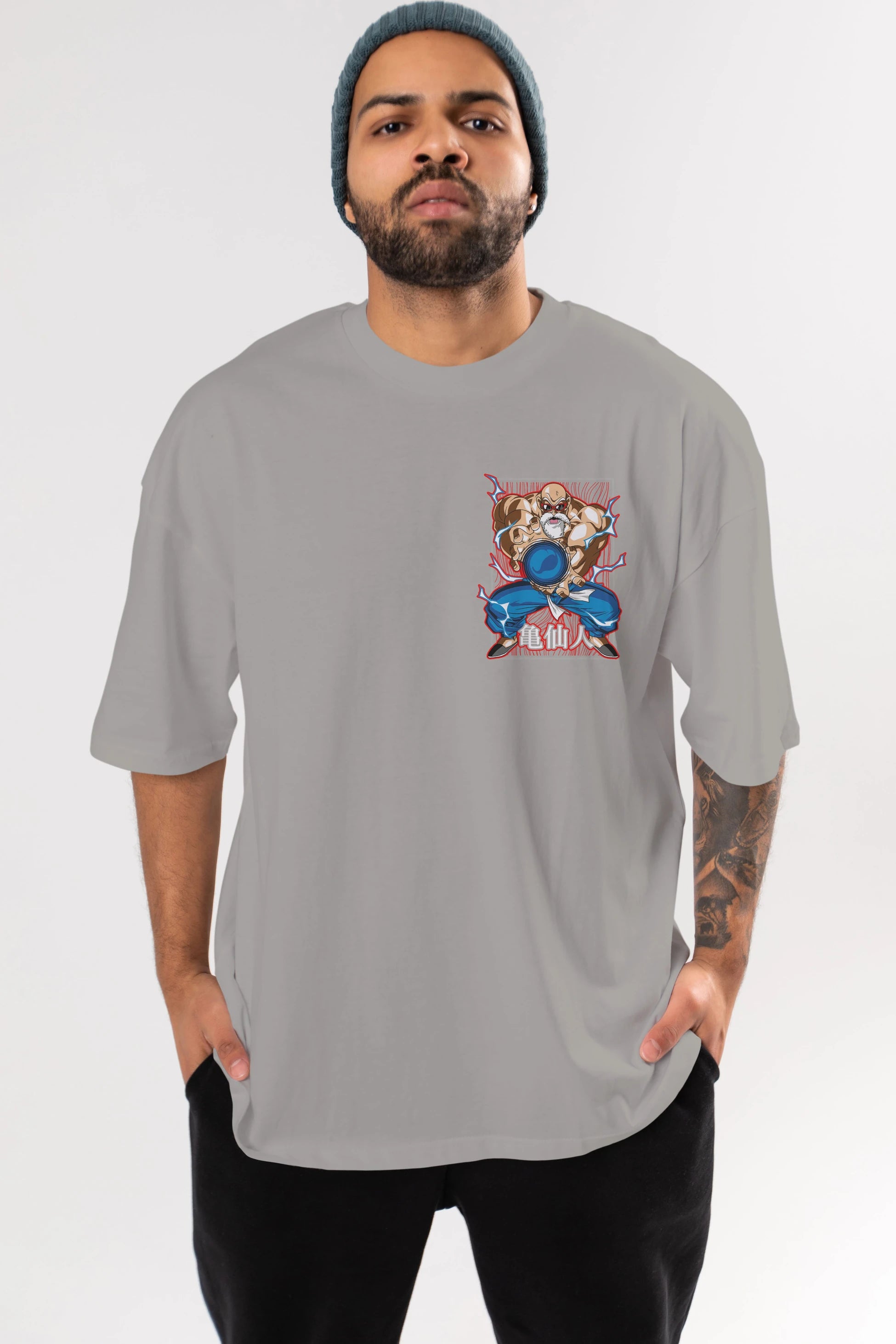 DragonBall MaestroRoshi Ön Sol Baskılı Oversize t-shirt Erkek Kadın Unisex %100 Pamuk Bisiklet Yaka tişort