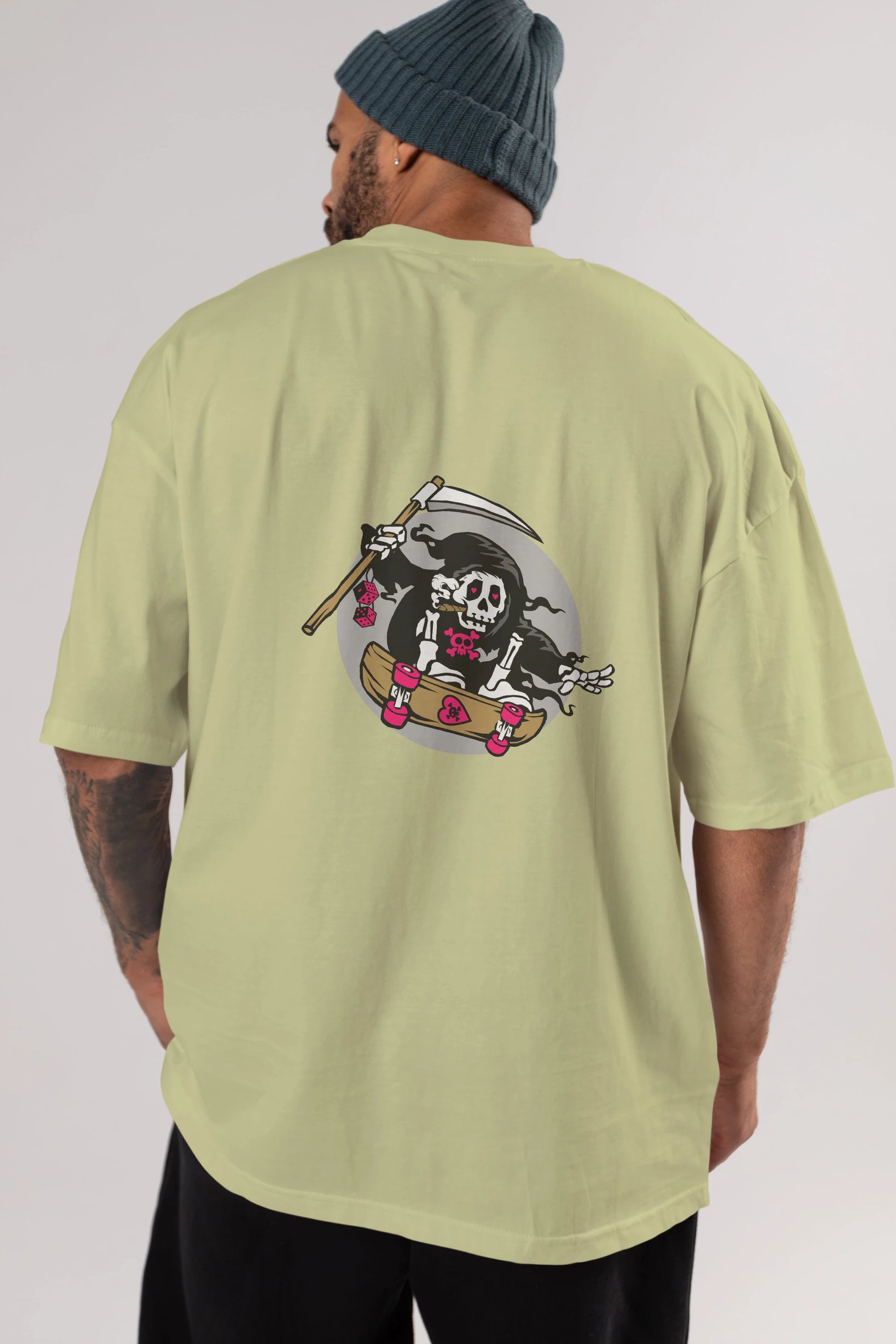 Grim Skater Arka Baskılı Oversize t-shirt Erkek Kadın Unisex %100 Pamuk tişort