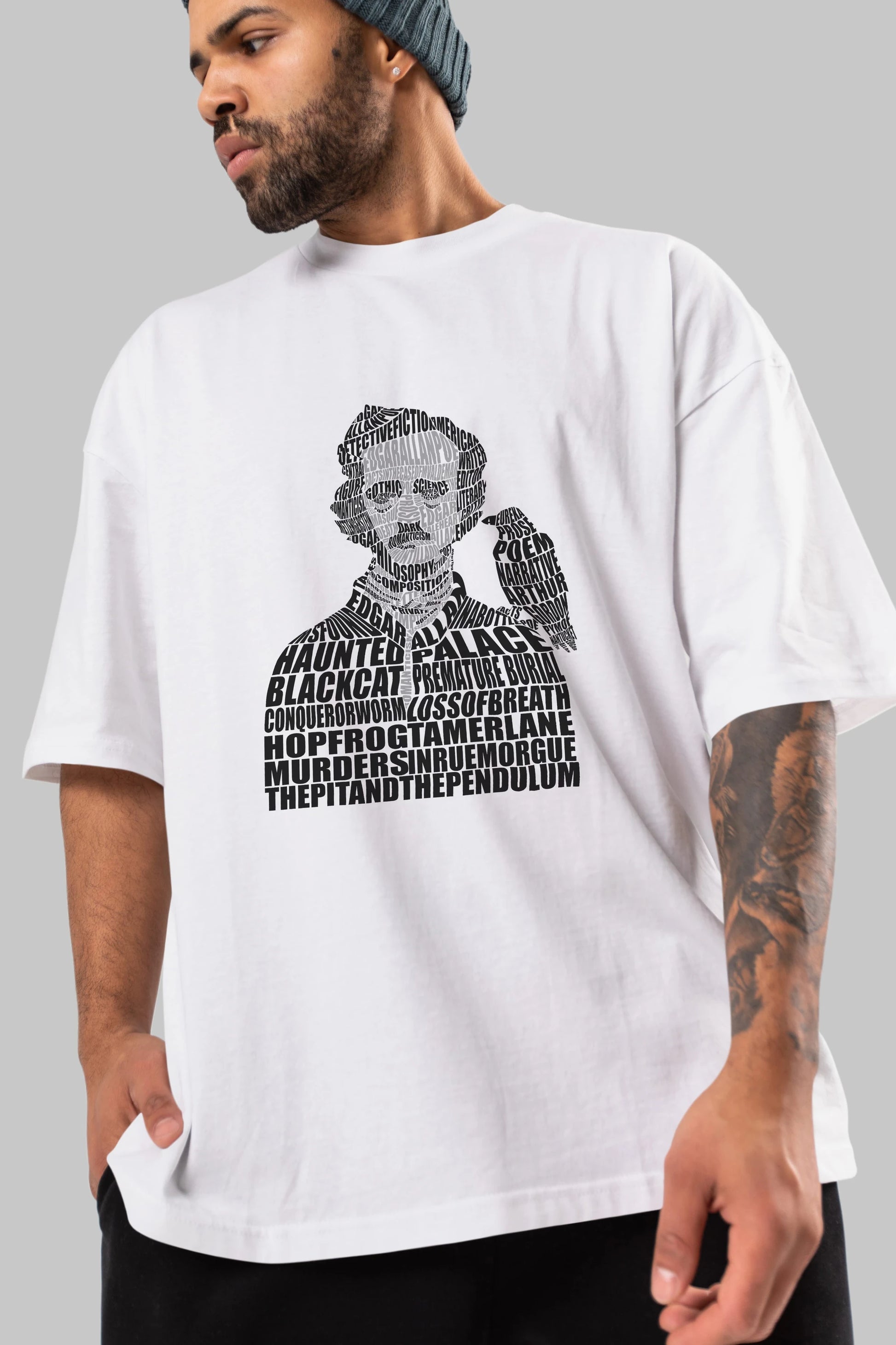 Edgar Alan Poe Calligram Ön Baskılı Oversize t-shirt %100 pamuk Erkek Kadın Unisex
