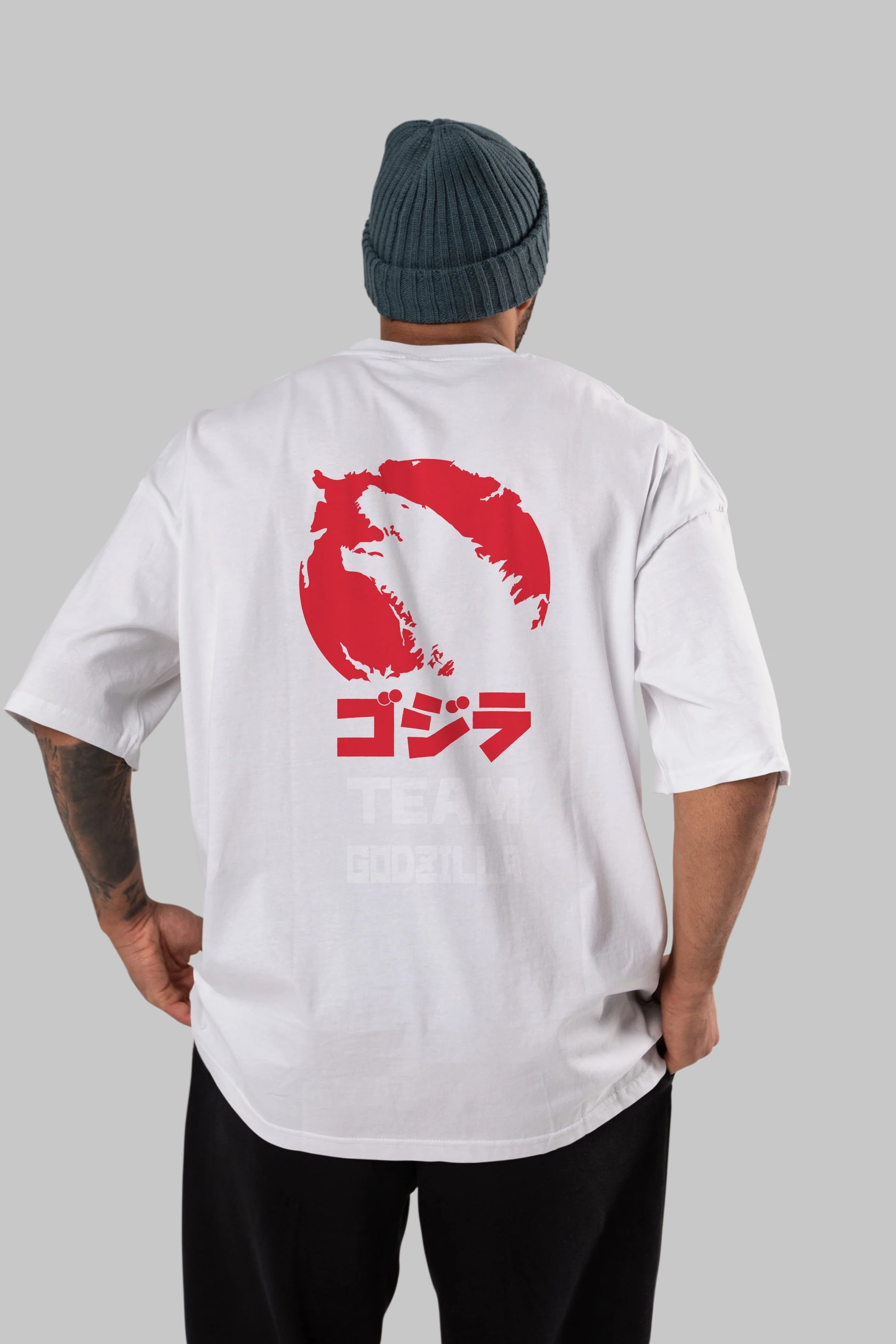 Team Godzilla Arka Baskılı Oversize t-shirt Erkek Kadın Unisex %100 Pamuk Bisiklet Yaka tişort