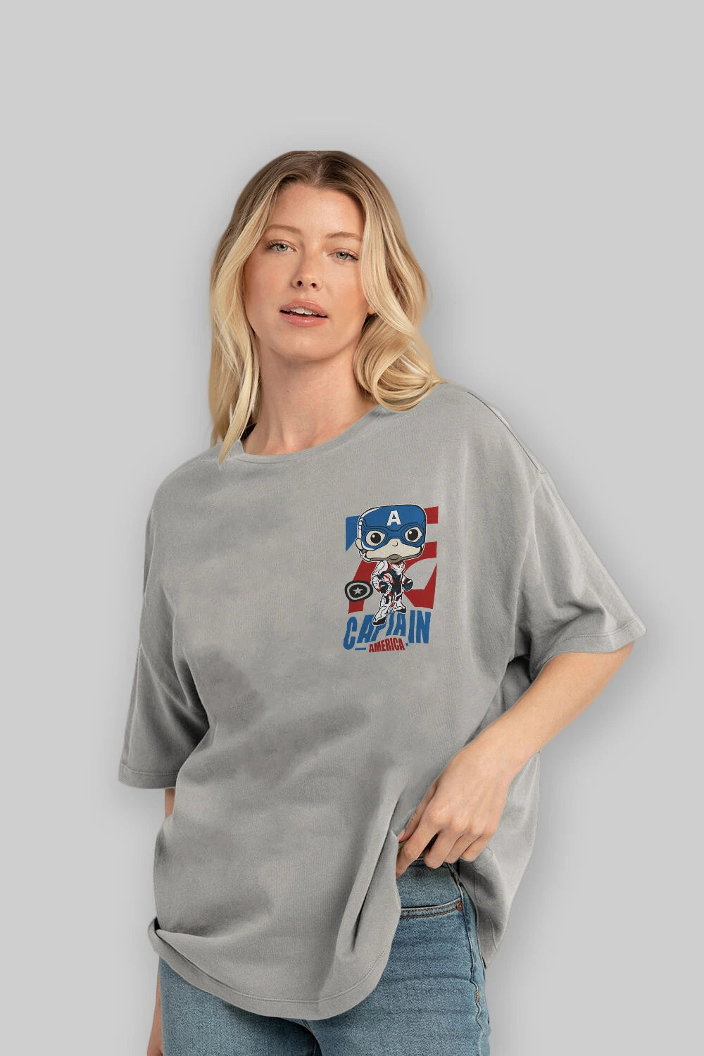 Captain America Ön Sol Baskılı Oversize t-shirt Erkek Kadın Unisex %100 Pamuk Bisiklet Yaka tişort