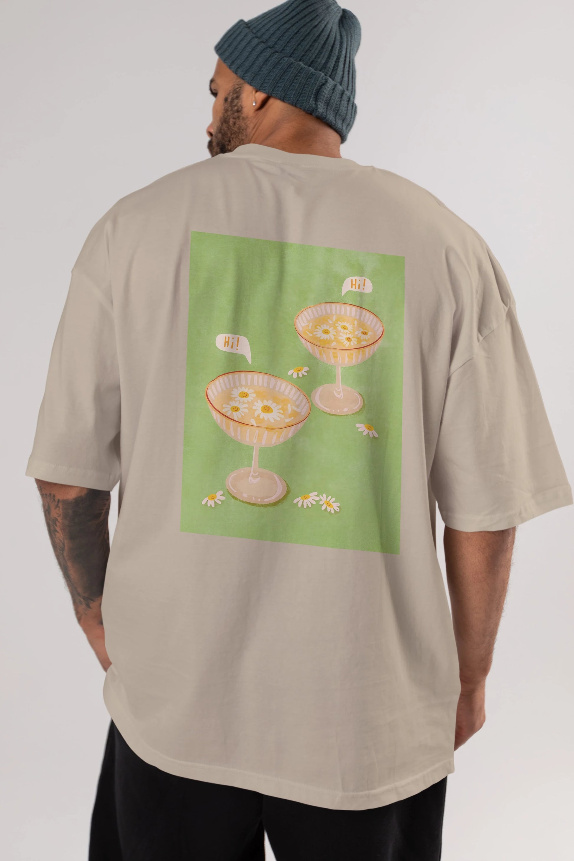 Hi Cheers Arka Baskılı Oversize t-shirt Erkek Kadın Unisex %100 Pamuk Bisiklet Yaka tişort