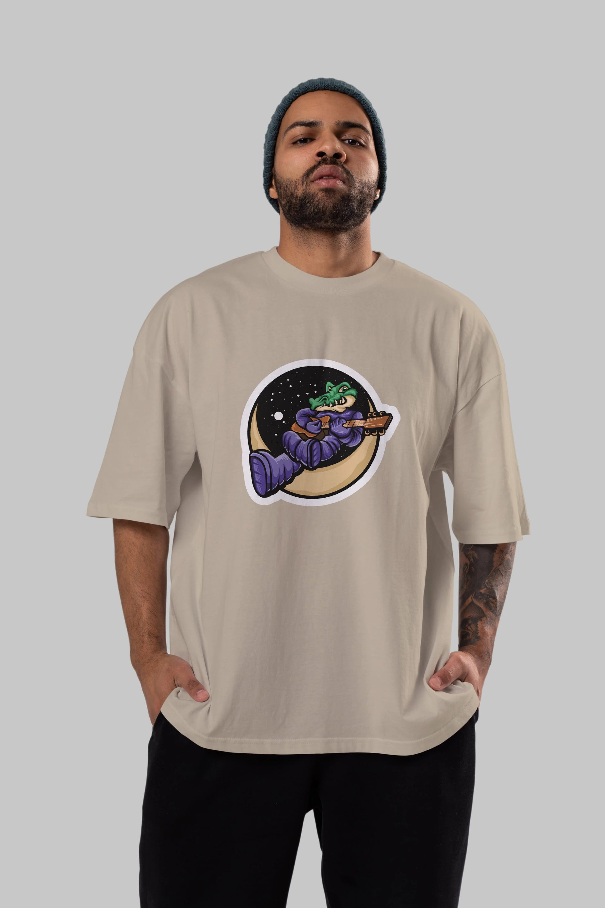 Space Crocodile Sticker Ön Baskılı Oversize t-shirt Erkek Kadın Unisex