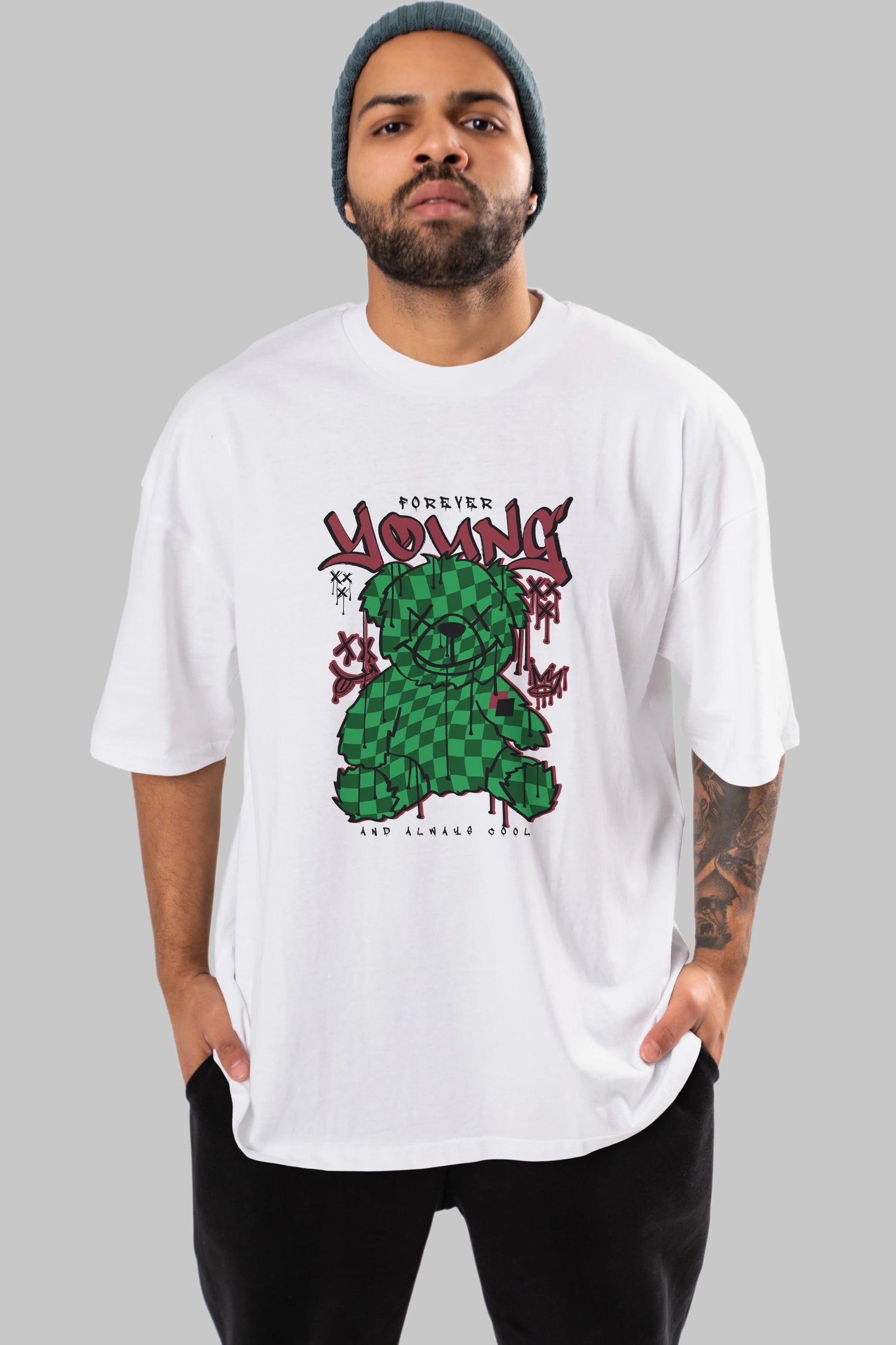 Young and Always Cool Bear Ön Baskılı Oversize t-shirt Erkek Kadın Unisex