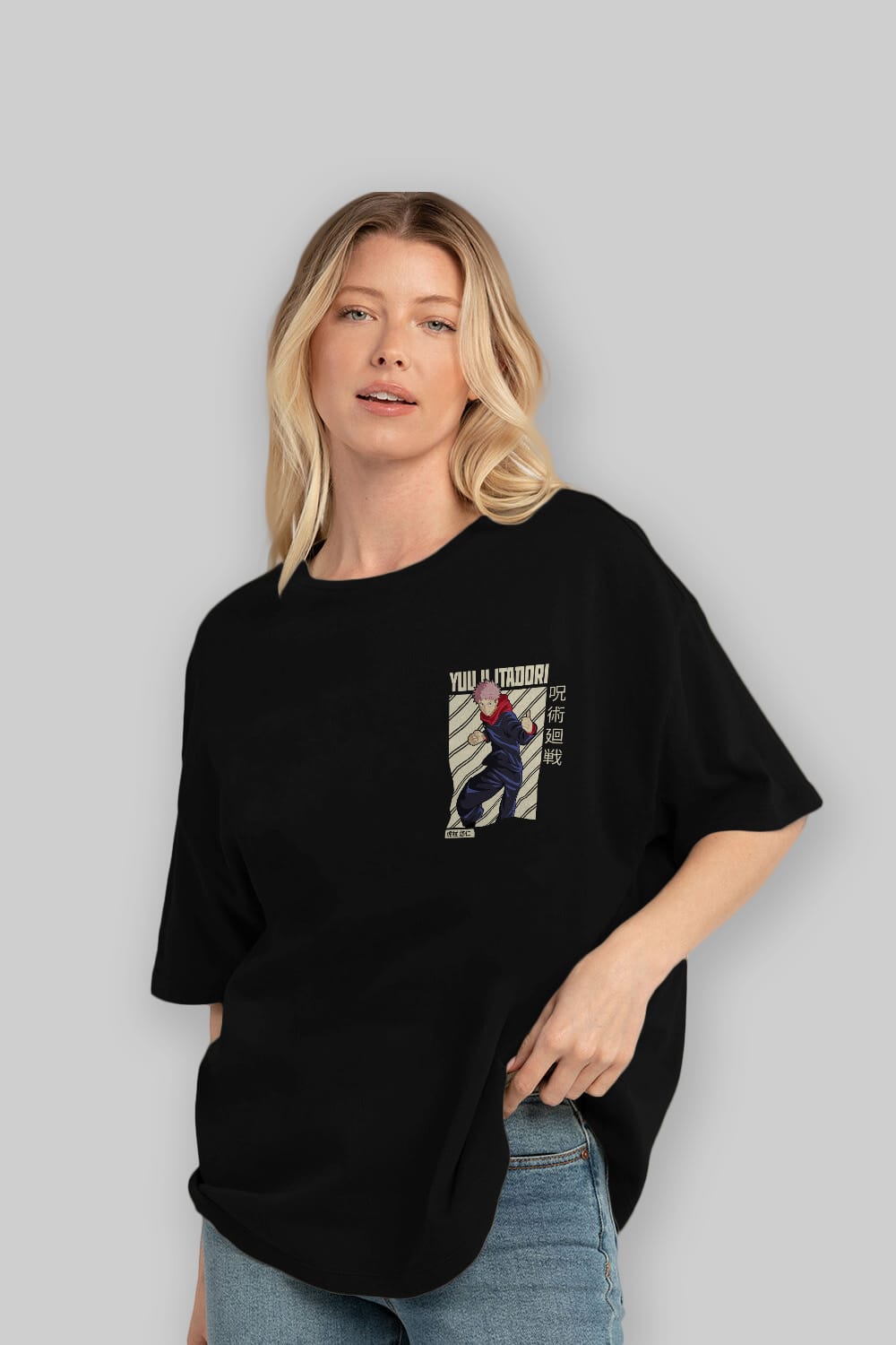 Yuuji Itadori 1 Ön Sol Baskılı Oversize t-shirt Erkek Kadın Unisex %100 Pamuk Bisiklet Yaka tişort