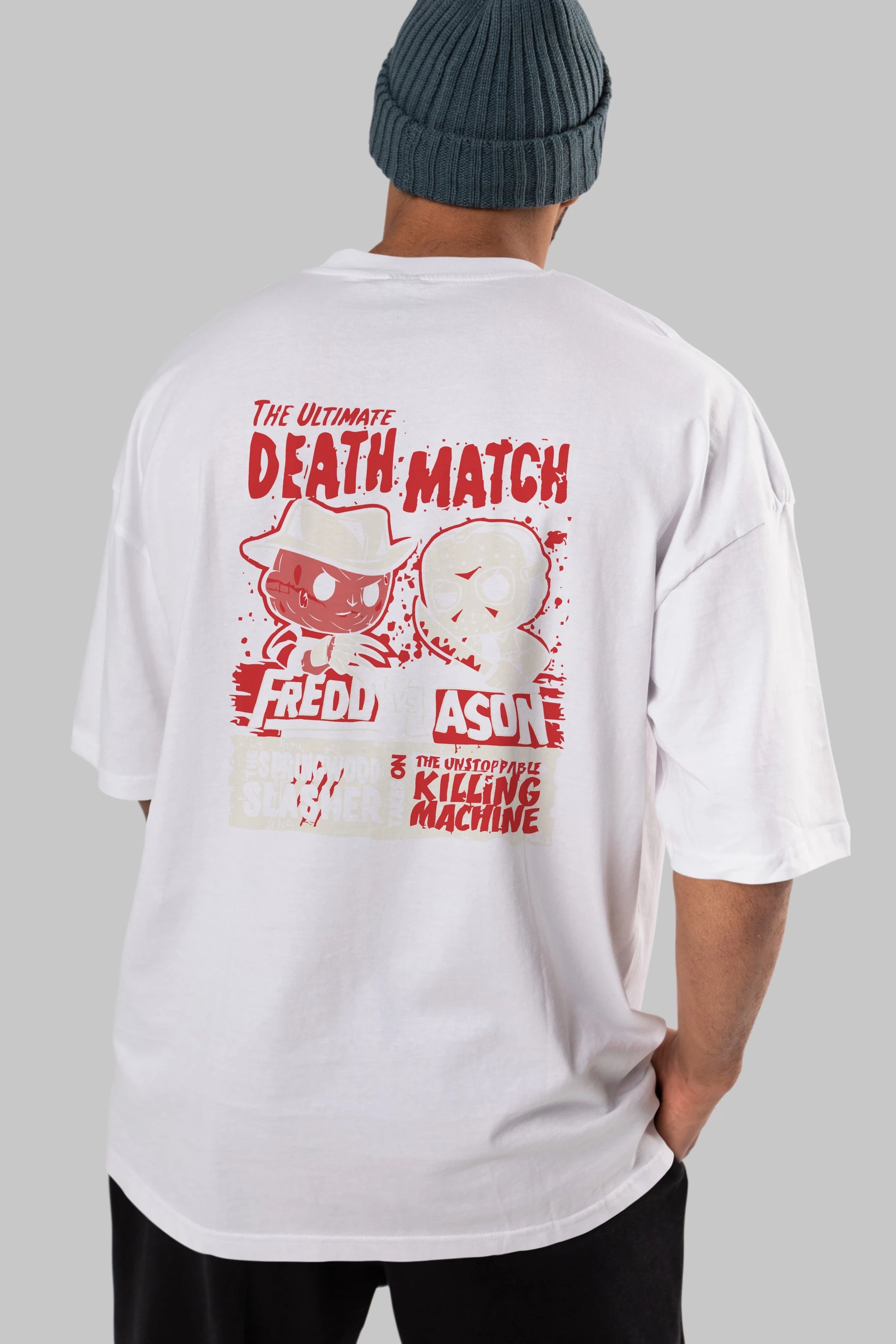 Freddy vs Jason Arka Baskılı Oversize t-shirt Erkek Kadın Unisex %100 Pamuk Bisiklet Yaka tişort